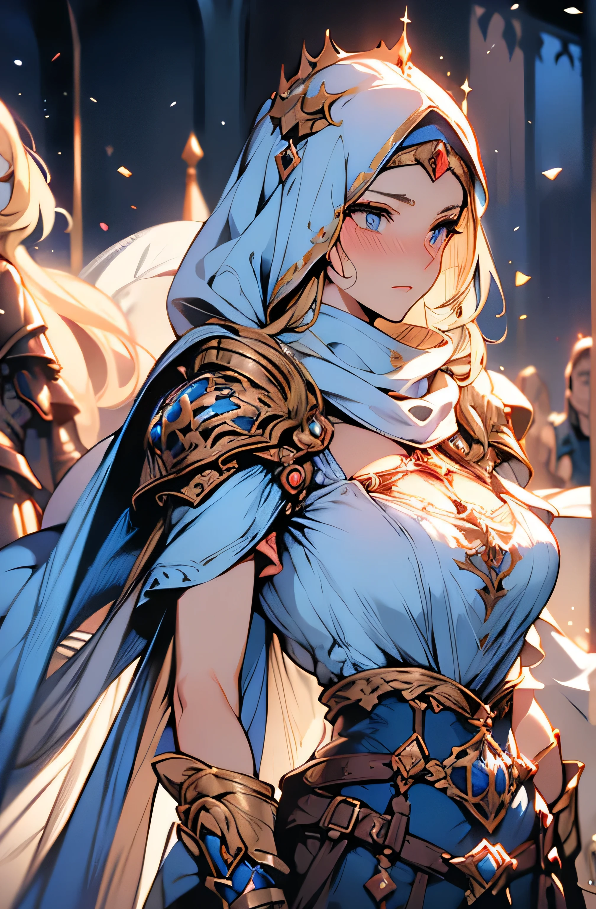 Erect nipples through dress, wearing hijab, luxurious hijab, luxurious crown, blue eyes, blonde hair, about , (gold), tmasterpiece, Best of the best quality, High resolution, 8K,((Portrait)),( part body top),Real photo,real photo,digital photography,(Female princess in medieval fantasy style),sexy princess,blue eyes,super colossal breasts,round colossal breasts,open kiss lips,Keep your mouth shuegant and charming,(( Blushing)), virgin humiliation, Quiet and handsome, (medieval fantasy dress, super big round breasts, breasts,visible breasts, sexy breasts,beautiful breasts, small waist, perfect colossal breasts of the princess body, blue delicate pattern, silver robe ), (medieval character medieval fantasy style prince, oc render reflection texture, fighting style, sexy colossal breasts, palace background, slim body, very small waist,