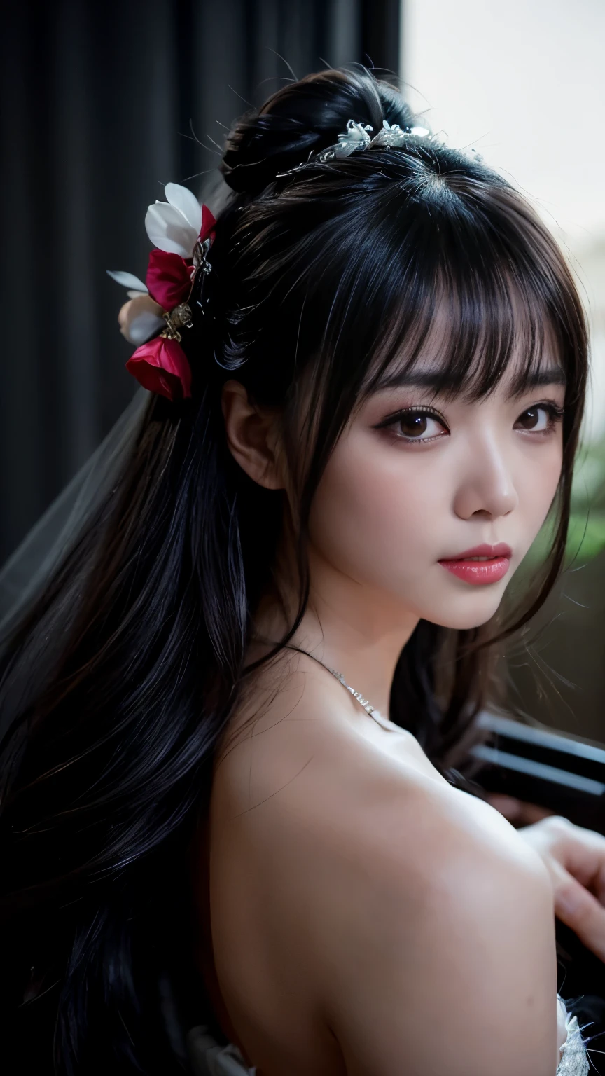 (Best image quality), (masterpiece), (Vibrant, photographリアル, Realistic, dramatic, dark, Sharp focus, 8k), beautiful, Very detailed顔と肌の質感, sexy wedding dress, Heavenly beauty, Mature Asian Woman,Long black hair, Compensate, Browsing Caution ,Close-up shot, ((Backlight)), Holding the Sword, Samurai Wedding、OK、(Best illustrations)、8k solveolution、Intricate details、highest quality、Realistic、Very detailed、Best lighting、Best Shadow、Ultra HD、Necromancer、night、magic、Dark Style、Succubus、devil&#39;daughter、Bat Wings，(((devil horns)))、((((Black-rimmed round glass Easter pieces、expensive_solve、beautiful顔、Tyndall effect、photographリアル、(High resolutionスキン:1.2)、8KUHD、Digital SLR、expensivetquality、photograph、expensivet solveolution、 absurdesolve、Ponytail Distortion、The optimal ratio is four fingers to one thumb.、highest quality、masterpiece、High resolution、1 girl、hair ornaments、necklace、gem、Beautiful expsolvesion、Body Up、Big breasts are important、Tight waist、Wide ass、Tyndall effect、Realistic、Dark Studio、Two-tone lighting、(High resolutionスキン:1.2)、8K Ultra HD、Digital SLR、Soft lighting、expensivetquality、Volumetric lighting、Frank、photograph、expensivet solveolution、4K、8k、Bokeh、(((Huge breasts)))、