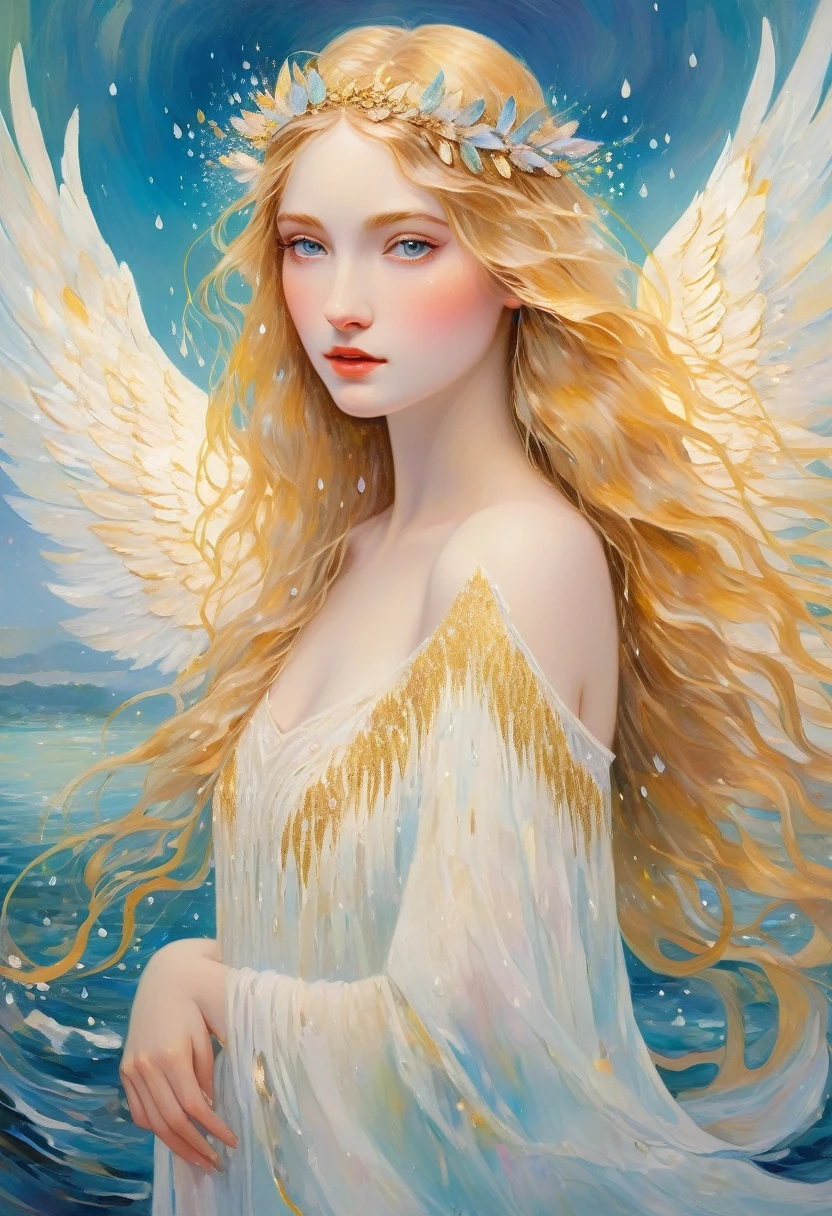 "(best quality,ultra-detailed),water element angel from lake,beautiful detailed eyes,beautiful detailed lips,flowing white dress,ethereal beauty,long flowy hair,golden halo,sparkling water drops,floating wings,soft ethereal light,impressionist painting style,vibrant colors,pastel color palette"