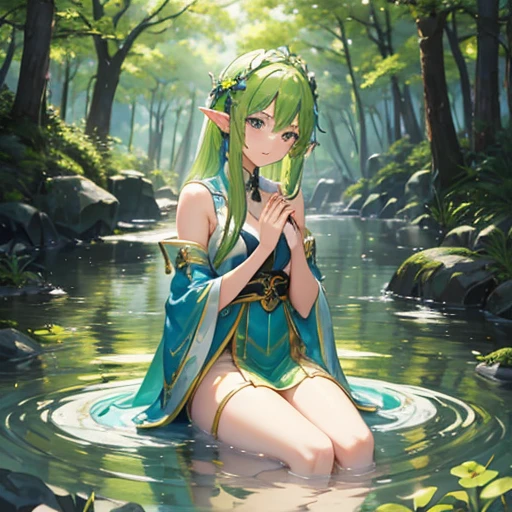 4K、Second dimension beautiful girl、Fantasy、Yellow-green hair、Elf、Elfの民族衣装、Decorationature beauty、lean on a tree、In harmony with the forest