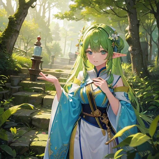 4K、Second dimension beautiful girl、Fantasy、Yellow-green hair、Elf、Elfの民族衣装、Decorationature beauty、lean on a tree、In harmony with the forest