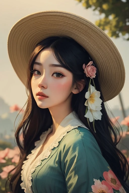 there is a woman wearing a hat with flowers on it, aesthetic portrait, romanticism portrait, guweiz, 1 8 th century style, lovely delicate face, in the art style of bowater, artwork in the style of guweiz, ulzzang, beautiful portrait image, beautiful aesthetic face, vintage aesthetic, 🌺 cgsociety, rococo style portrait, (Masterpiece:1.3), (best quality:1.3),