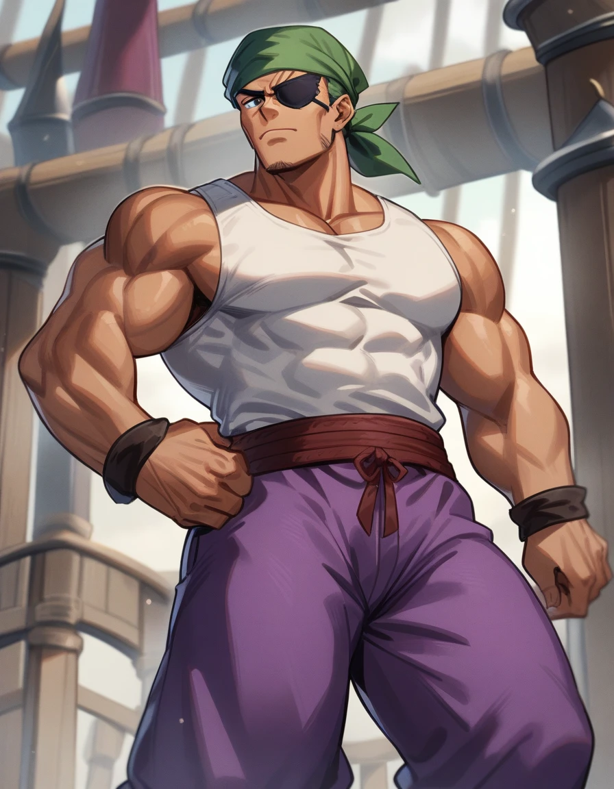 1man, muscular mature, pirate, green head scarf, gray hair, blue 1eye, black eyepatch, short hair, ordinary, tanned skin, asymmetrical bangs, tough guy, solo, red waist cloth, purple arabian pants, white sleeveless shirt, loose fitting shirt, tented shirt, on mediaeval ship, 1990s, VHS quality, masterpiece, best quality