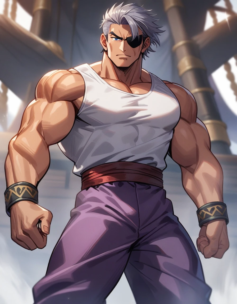 1man, muscular mature, pirate, green head scarf, gray hair, blue 1eye, black eyepatch, short hair, ordinary, tanned skin, asymmetrical bangs, tough guy, solo, red waist cloth, purple arabian pants, white sleeveless shirt, loose fitting shirt, tented shirt, on mediaeval ship, 1990s, VHS quality, masterpiece, best quality