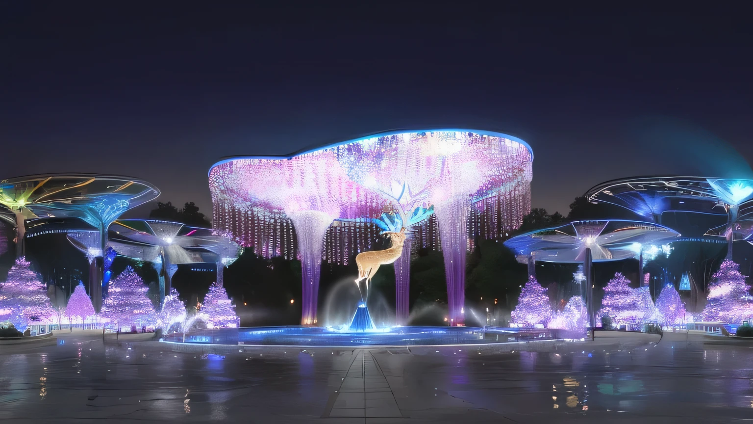 a Rendering of a lighted fountain with a deer and umbrellas, LED lights around, Flying trees and park items, Concept works, Colorful Magic Crystal Bridge, Bioluminescent Cyber Garden, amusement park interior design, conceptual Rendering, Concept Art, wonderland at night, Artist interpretation, Rendering, Concept Art Magic Highlights, Ethereal hologram center, Artist's impression