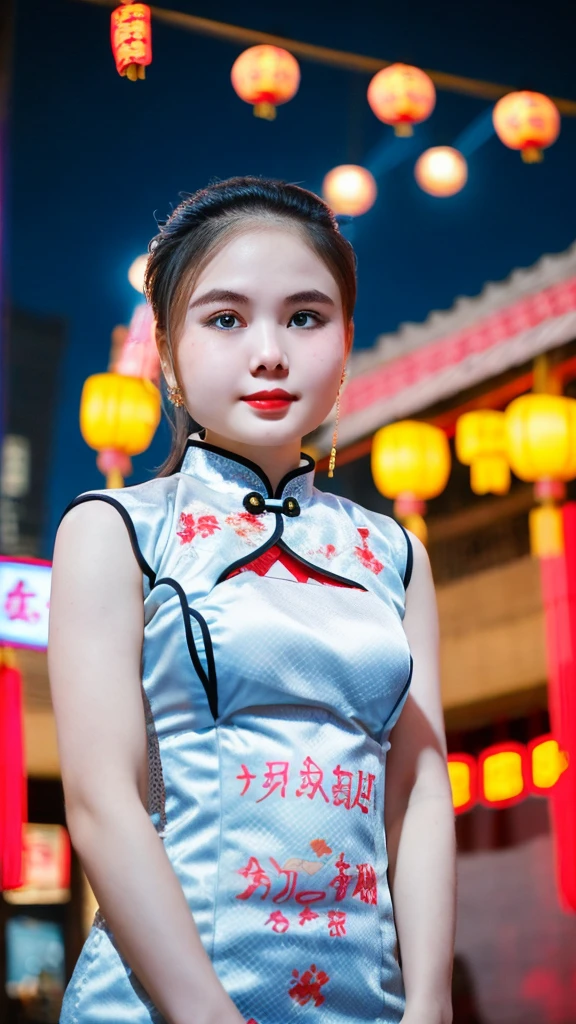 1 girl, fair, baby face, 20 years old, White skin, Bare breasts, Sexy pose, sleeveless, ((Chinese cheongsam dress)), ((Chinese Qipao Outfit)), Blue Eyes, muscle, Bokeh, Street Lunar New Year Background, masterpiece, ((night:1.1))