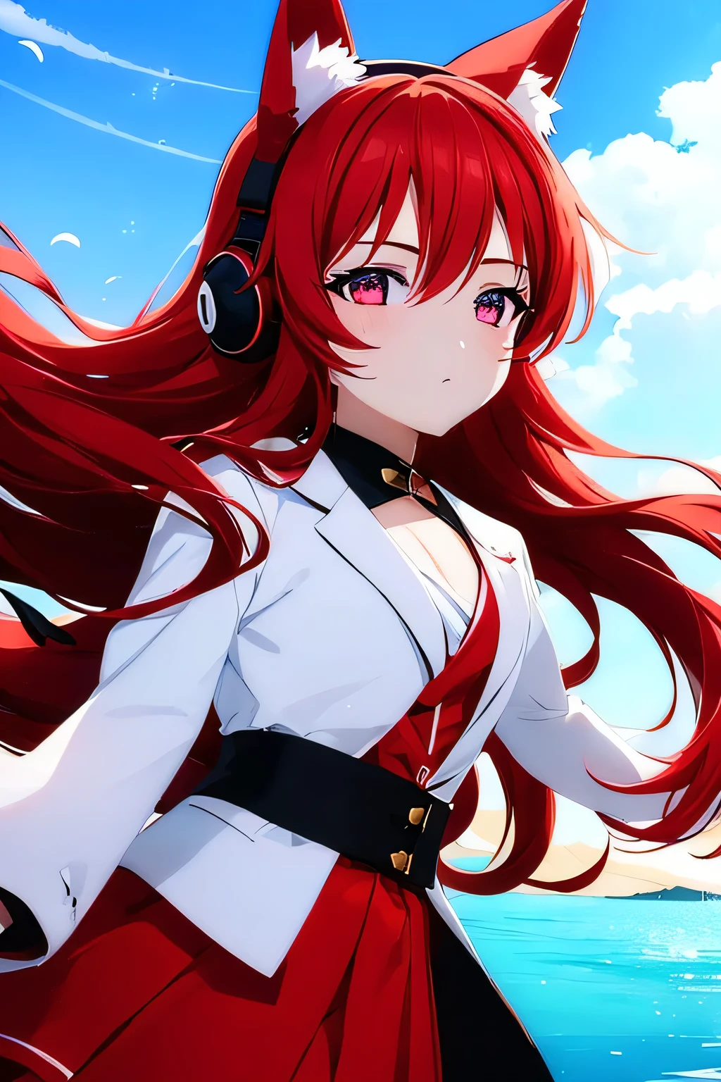 A girl with fox ears, long red hair, a red skirt, a white shirt and a black coat in the background of a lake and the moon above at night with very cool headphones in black and red colors