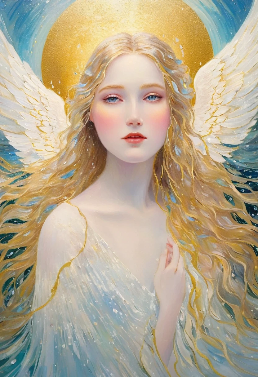 "(best quality,ultra-detailed),water element angel from lake,beautiful detailed eyes,beautiful detailed lips,flowing white dress,ethereal beauty,long flowy hair,golden halo,sparkling water drops,floating wings,soft ethereal light,impressionist painting style,vibrant colors,pastel color palette"