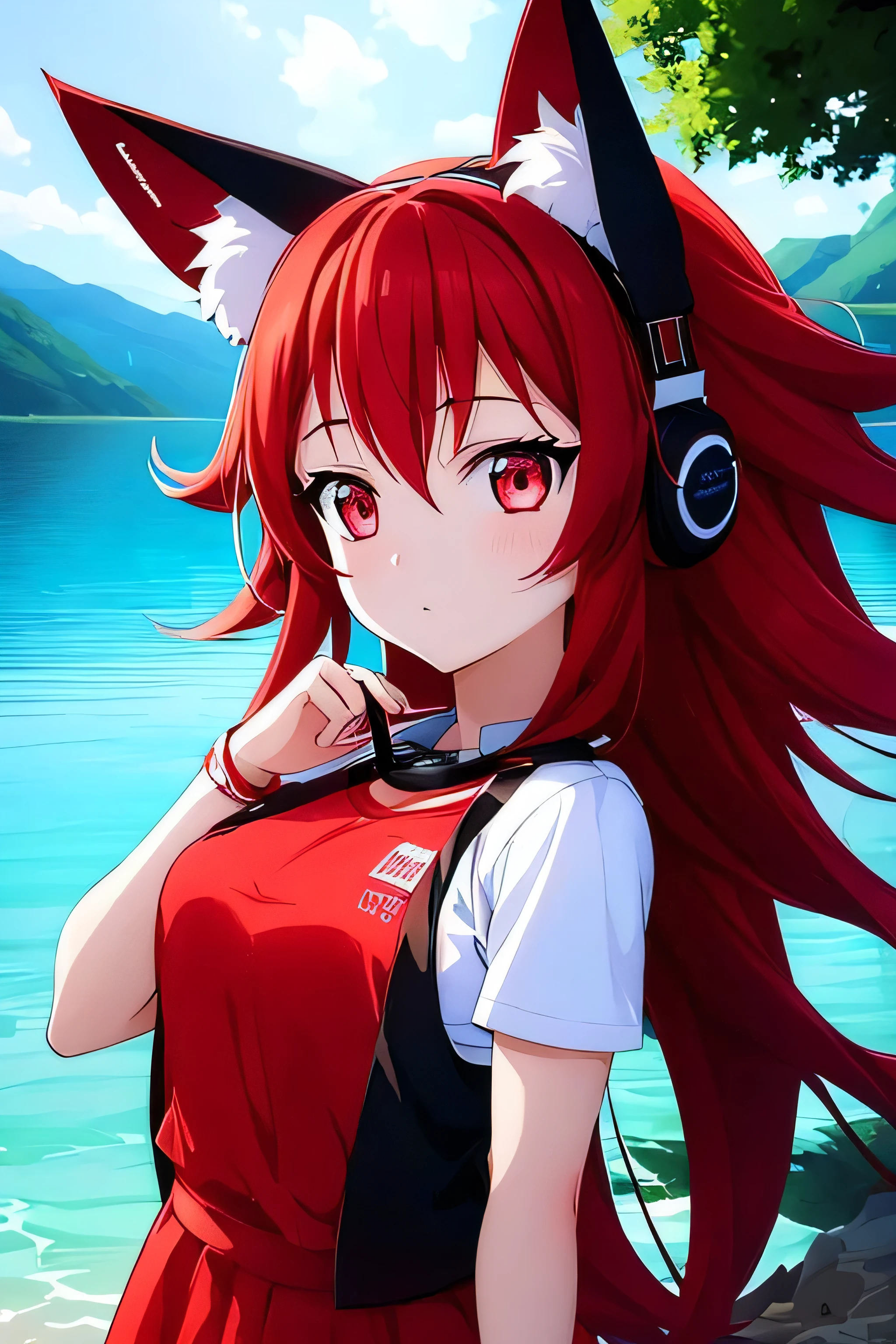 A girl with fox ears, long red hair, a red skirt, a white shirt and a black coat in the background of a lake and the moon above at night with very cool headphones in black and red colors