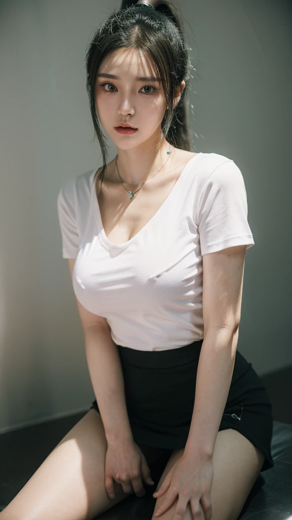 (masterpiece, best quality, 8k, Clear focus, Depth of Field, Best shadows, Perfect lighting, HDR, Realistic skin texture, Ultra detailed background), anime style, Long angle shot, ((Cyberpunk theme)), Solitary, Full body view,1 female, she is a mercenary, (Green Eyes, White skin, Black Hair,Ponytail, Necklace,Close-up of a woman in a short skirt,She is posing for a picture, Tick, wearing Tight shirt, Tight shirt, Soft curves, Her breasts, plump, Thick neck, Revealing clothes, sexy dress, Yoshitomo Nara, bbw sauce, Wear tight, simple clothing, Large Breasts!, 30-year-old female