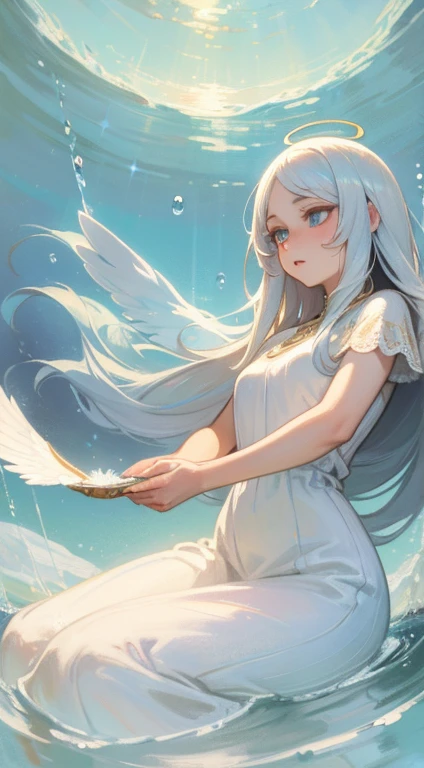 "(best quality,ultra-detailed),water element angel from lake,beautiful detailed eyes,beautiful detailed lips,flowing white dress,ethereal beauty,long flowy hair,golden halo,sparkling water drops,floating wings,soft ethereal light,impressionist painting style,vibrant colors,pastel color palette"