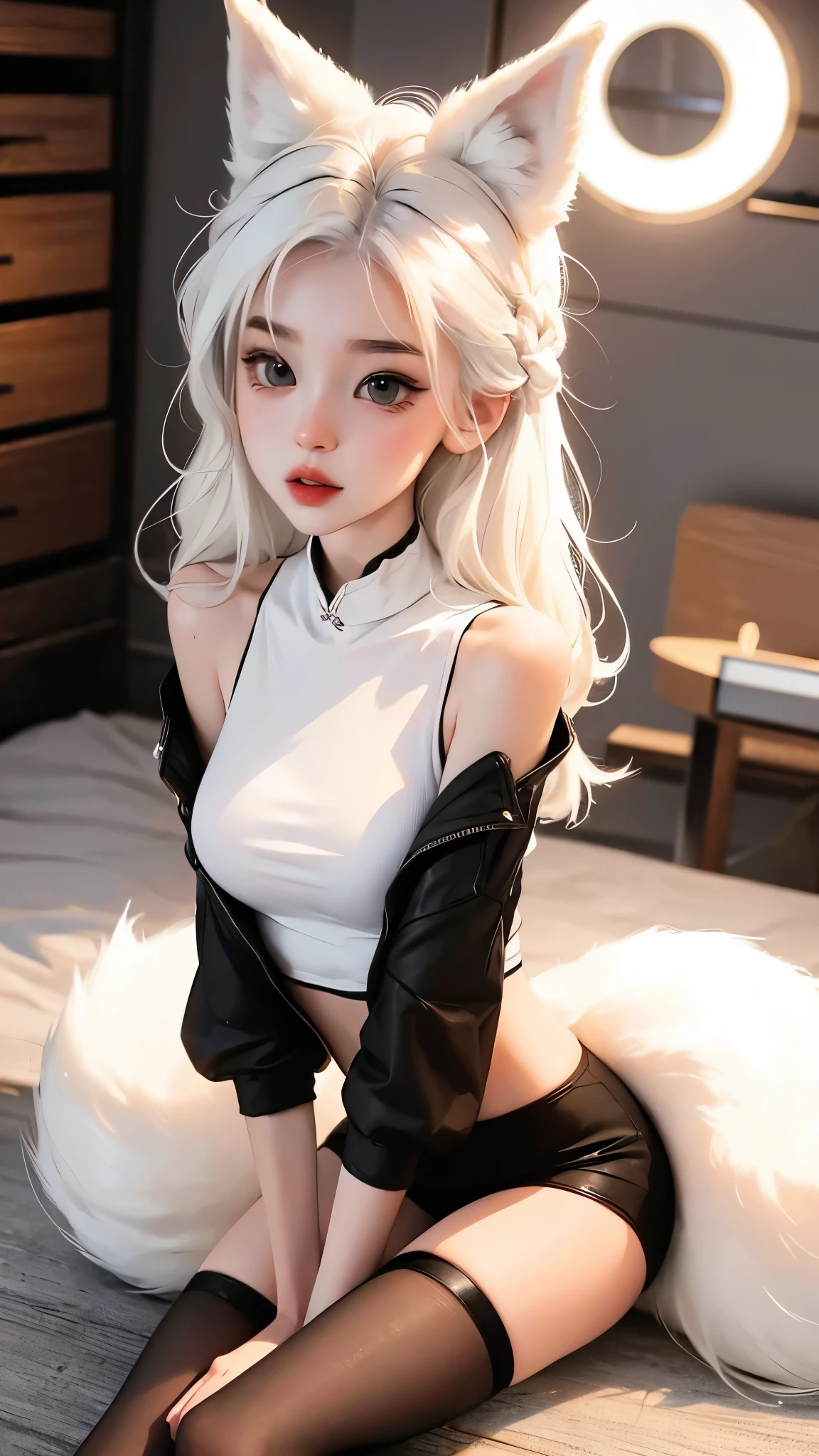 White haired cute anime girl wearing a black croptop and black booty shorts with mythical fox tails