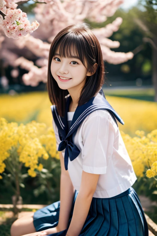 masterpiece, Best Quality, 8K, 1 girl, (18 years old), ager, smile, Solo, (A super cute idol-like face:1.2), Delicate girl, Black hair, middle bob hair, straight hair, bangs, Looking at Viewer, Candid, Sophisticated, Professional Lighting, Film grain, whole body, beautiful figure, The background is a field of yellow rape blossoms and rows of cherry blossom trees, (White shirt, sailor , navy pleated skirt:1.2), tiny chest, Sitting on the bench,