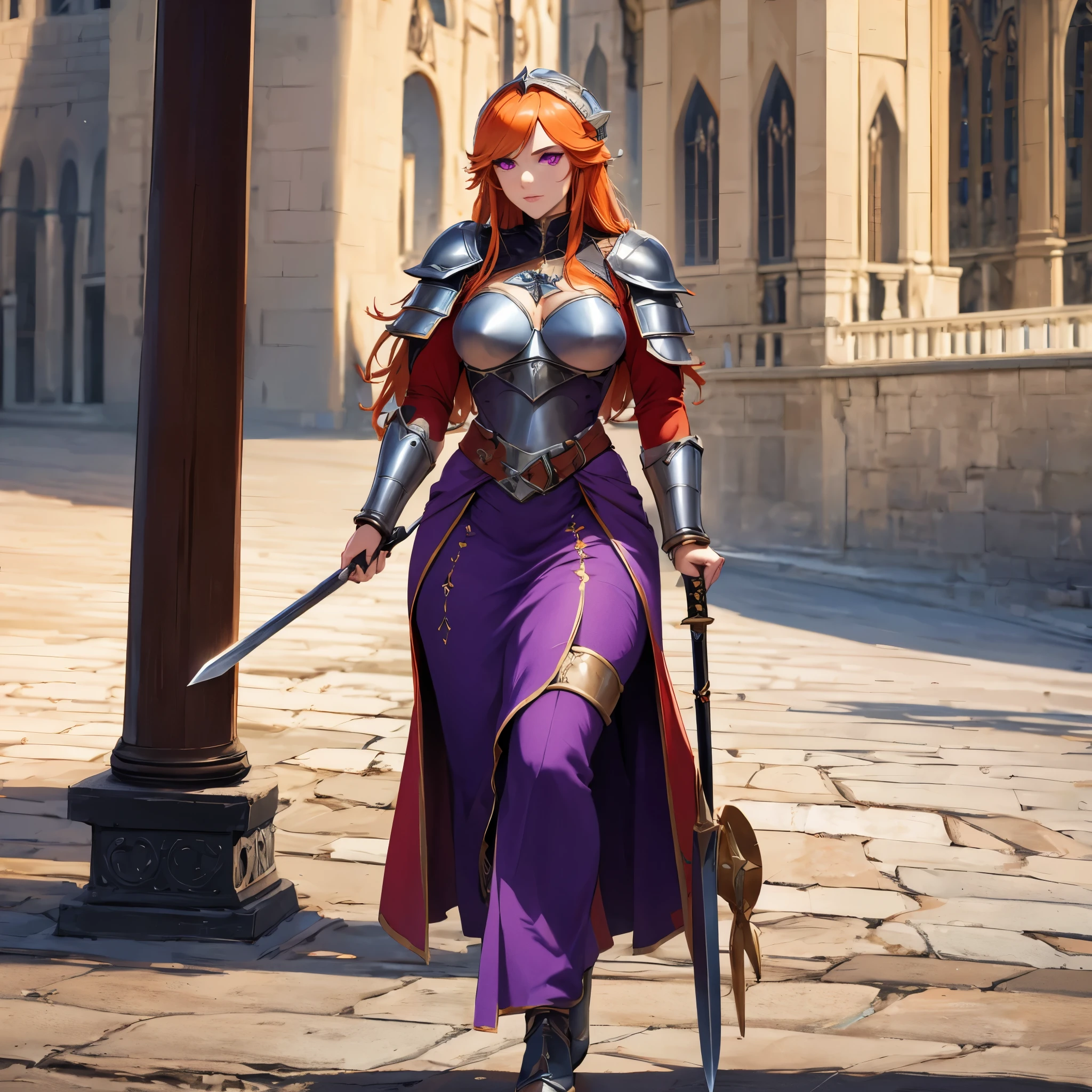 A woman wearing medieval steel armor, shining armor, bracelet, medieval steel helmet, metal boots, holding a medieval sword, long orange hair, purple eyes, walking on a medieval road, background baroque cathedral, daytime location, body whole.,( solo woman), glow, drop shadow, flower, UHD, masterpiece, accurate, anatomically correct, textured skin, super detail, high quality, best quality, 8k, high resolution.