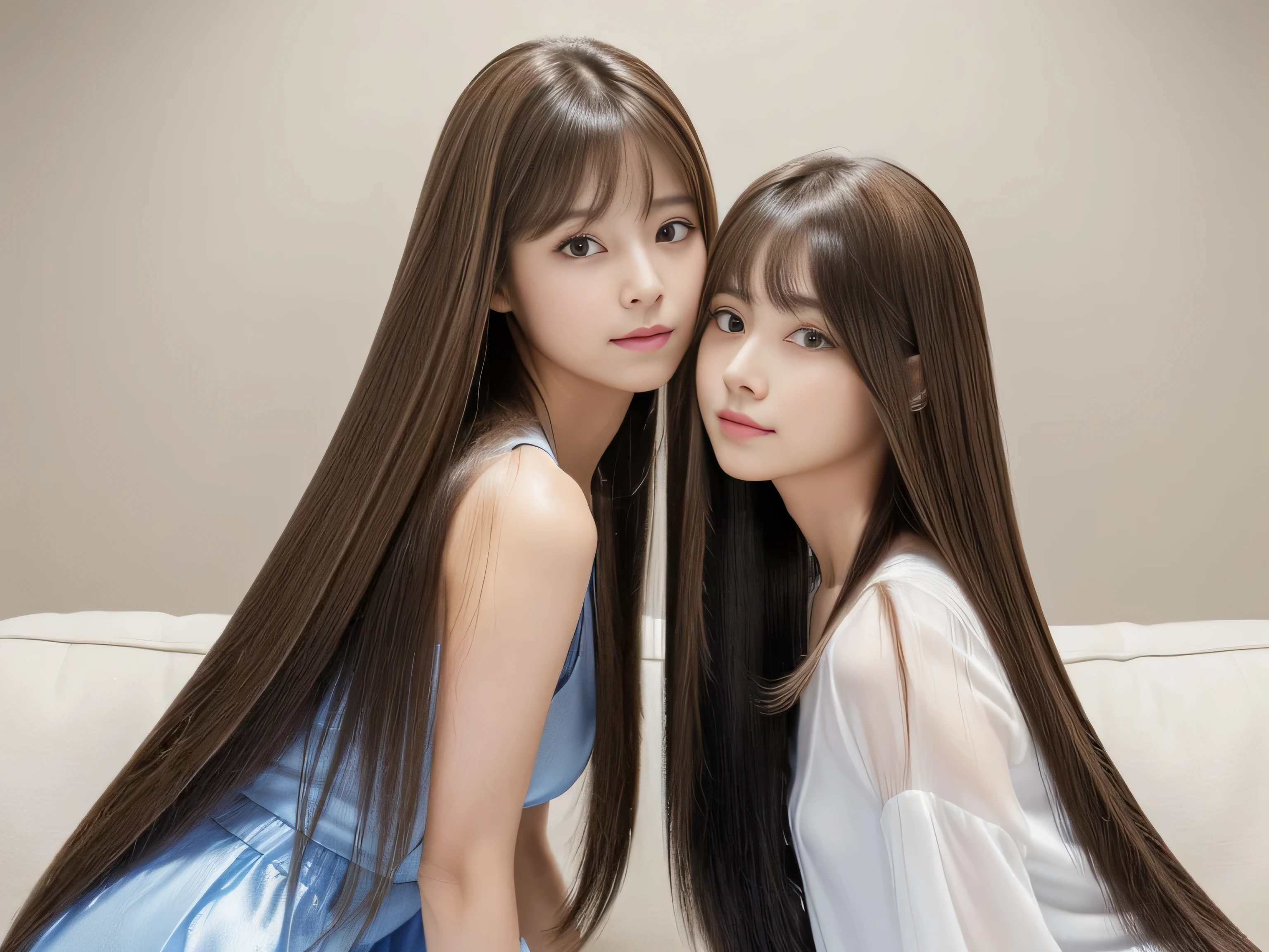 (Photos of twins who look as alike as fingernails) (Knee-length shot of a woman) ((Close-up of two people from the neck up)) ((Beautiful 24 year old hair model with long light brown hair Fell straight down Reaches up to the kneeVery long hair highest quality Highest detail Reaches up to the knee、Very long hair that lasts forever:1.3 Flowing Hair 私ncredibly straight hair Very shiny そして thick hair Abnormally long hair that lasts forever Flowing Hair on both ends long hair up to the knees:1.2 long hair up to the knees:1.2 Thick and shiny hair Very free hair Abnormally long hair!!!!! Beautiful silky hair Beautiful and shiny hair Beautiful and shiny hair Beautiful silky hair Hair that grows to the knees Very very, Very long hair!!!!! Very very, Very long hair!!!!!)) (highest quality The best ultra-fine Reaches up to the knee、Very long hair that lasts forever Flowing Hair Her hair is gently permed Very shiny そして thick hair Abnormally long hair that lasts forever Flowing Hair on both ends long hair up to the knees:1.2 long hair up to the knees:1.2 Thick and shiny hair Very free hair Abnormally long hair!!!!! Beautiful silky hair Super long hair down to the knees Beautiful and shiny hair Beautiful and shiny hair Beautiful silky hair Hair that grows to the knees Very very, Very long hair!!!!! Very very, Very long hair!!!!!)) (Her bangs are perfectly trimmed and straight down.:1.3) ((Her hair color is light brown:1.5)) (Pure white wall background:1.8 Pure White Sofa) (Japan'The sexiest and most beautiful 24 year old model) (She looks at the viewer with a very seductive expression......) ((highest quality)), ((masterpiece)), (Familiar) (Get used to it) Perfect Face (Her skin is a typical Japanese skin color.. And very detailed) (Big Breasts:1.3) (She is wearing a shiny white camisole.) (She has a beautiful face and a typical Japanese figure...., Narrow eyes) (She has perfect 美しい and sexy makeup and face Lipstick is light red A solid eyeliner) ((Rich 1.4)) (Extremely detailed 8K) (Ultra-fine skin texture 1.4) (Actual, Vibrant:1.4), double eyelid Sharp focus:1.2、Beautiful woman:1.4 Dynamic Lighting (Genuine RAW photos taken by professional photographers) Professional Hair Shine. (She has a bright and cheerful face) (Her face is slim and dignified.., length, Narrow eyes..々Nice face)