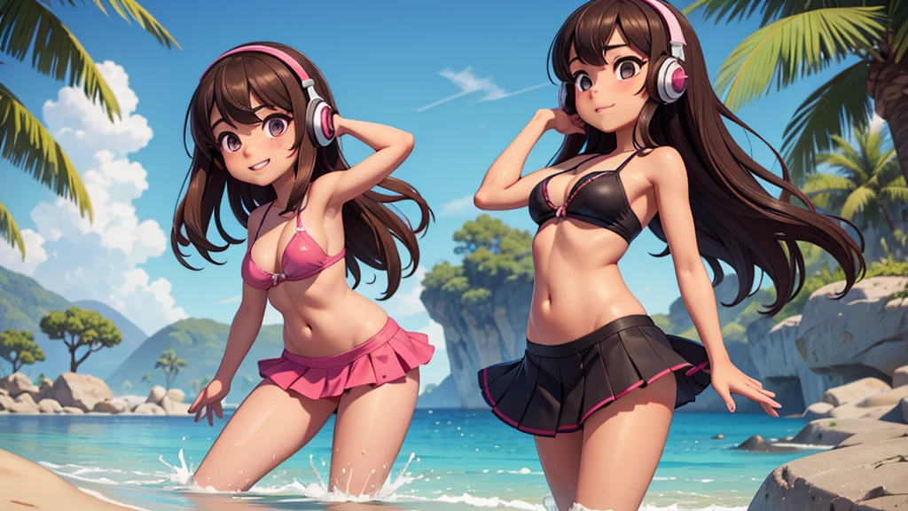Ultra realistic , 2 girl, obra maestra, mejor calidad, alta calidad, defined, detailed, HD, (piel morena), ojos definidos, ojos cafes intensos, long eyelashes, small mouth, sonrisa, very long hair, pelo liso, pelo oscuro, cuerpo reducido, bosom barely contained, big breasts, sexy, posando foto, sin sostenes, no bra, excitada, pezones erectos, nice view, full body, nice body, nice hands, nice fingers, perfect fingers, nice legs, abierto, mojada, sudada, caliente, tight, sonrojada, no socks, peinada hacia atras, pose lasciva, petites, ((no skirts)), ((lil sister)), hot big sister, barely covering, lean, unaware, heat, finishing, fuckeable, touching, water, camera from above, looking up sis, from back, backwards, behind, shorty bikini, (close up), (((gamer girl))), headphones, discord, playing games with friends, hentai, man from behind, manoseando abajo, camara grabando, having fun