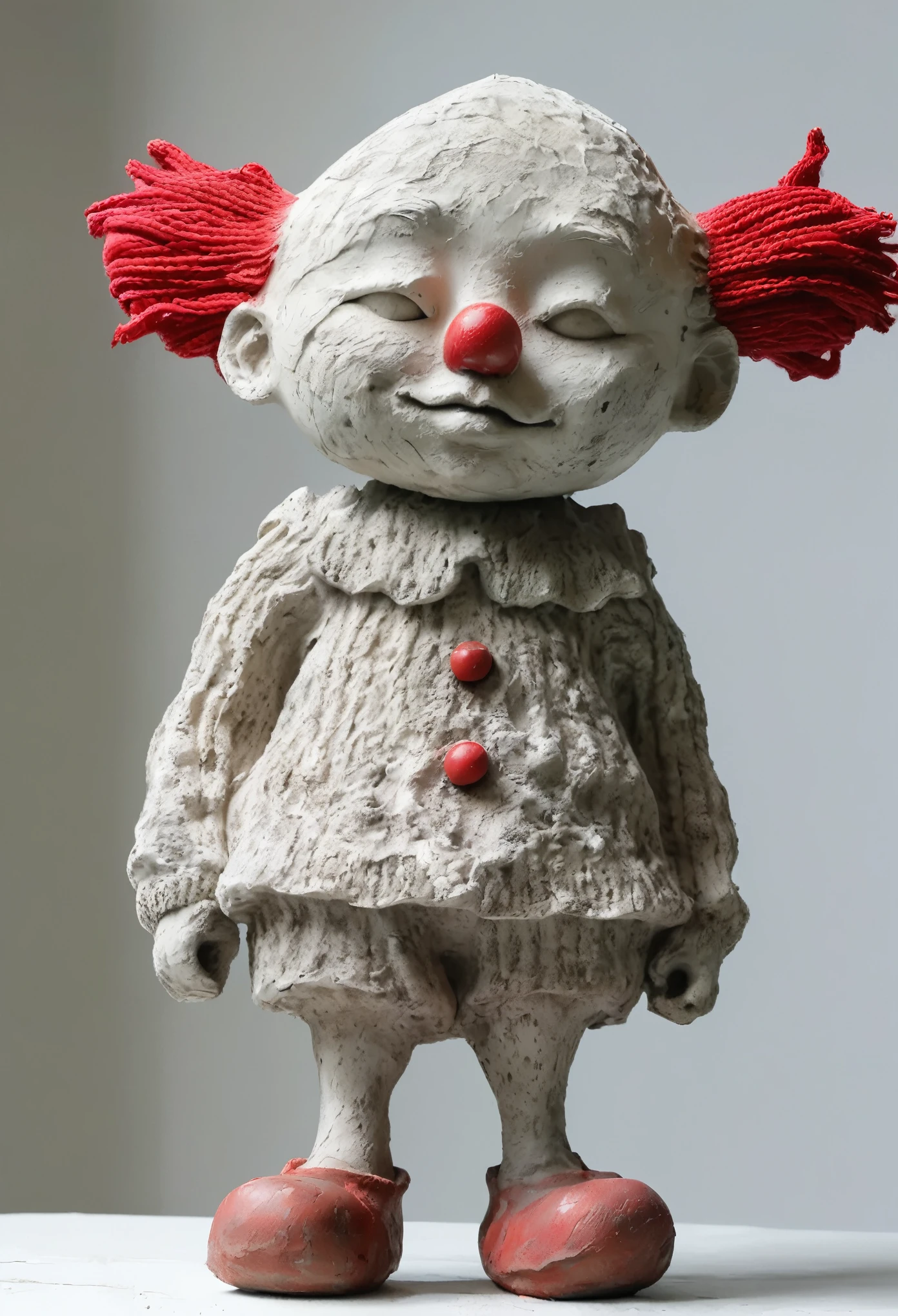 (best quality:1.2),ultra-light Clay, Clay, Pottery, Rough knitted texture, distressed, dirty, mineral pigments, 3D Clay sculpture art, Clay sculpture, Rough surface, (Art work,clown,Red nose,solitary figure,whole body,Barefoot,cover up,Solitary,)