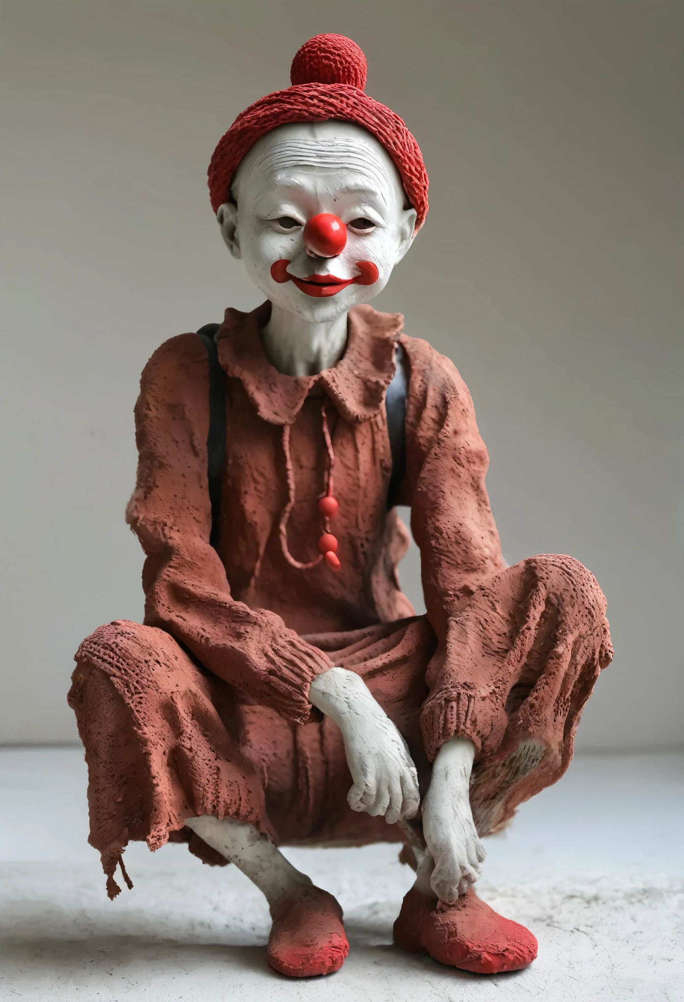 (best quality:1.2),ultra-light Clay, Clay, Pottery, Rough knitted texture, distressed, dirty, mineral pigments, 3D Clay sculpture art, Clay sculpture, Rough surface, (Art work,clown,Red nose,solitary figure,whole body,Barefoot,cover up,Solitary,)