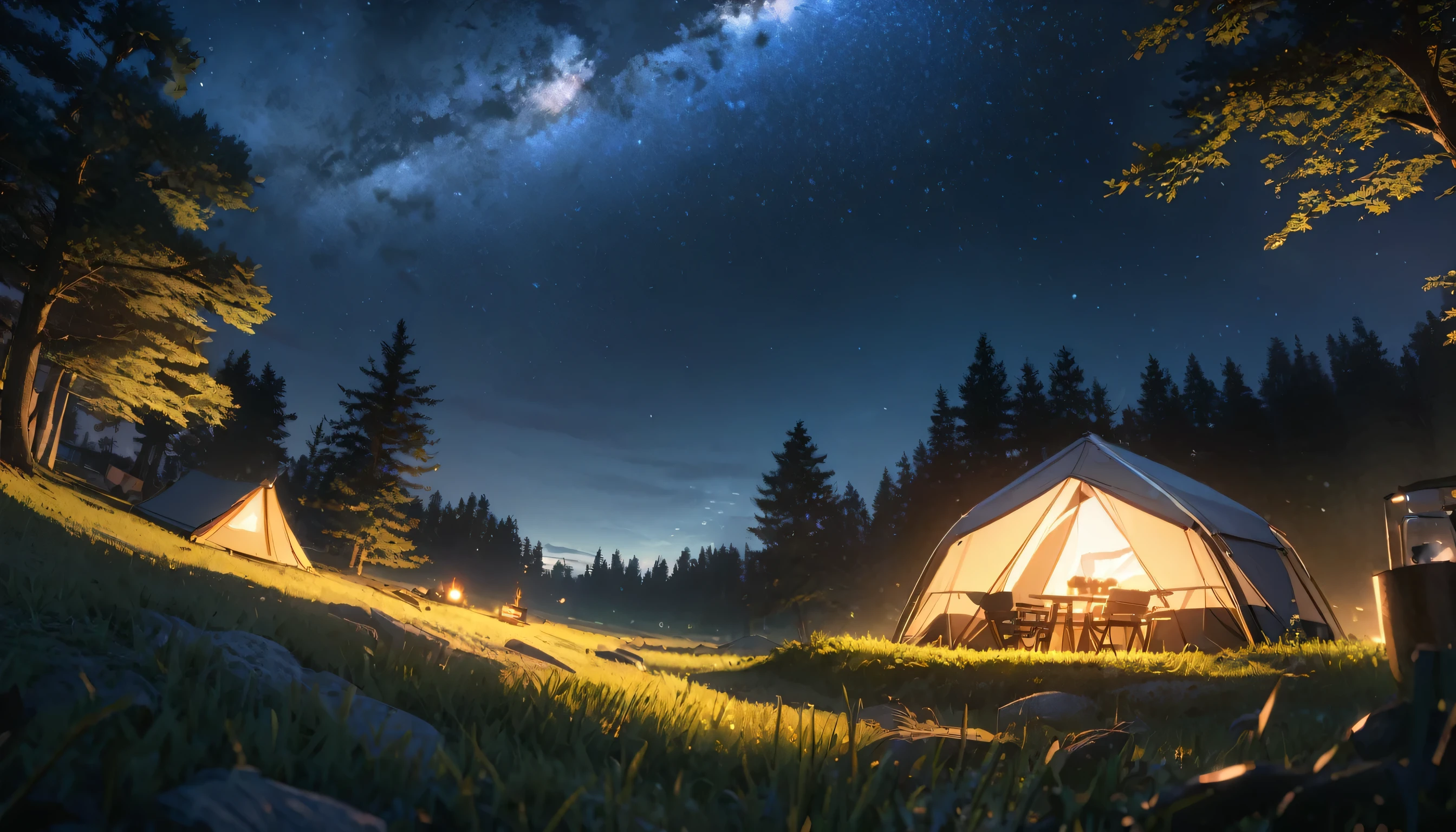 Verism, panorama, lens flare, UHD, high details, high quality, highres, 8k, Spectacular views, Night view, Quiet grassland at night,camp, A composition in which the person sitting on the chair in the foreground is looking at the night view., firewood, Cups on the table