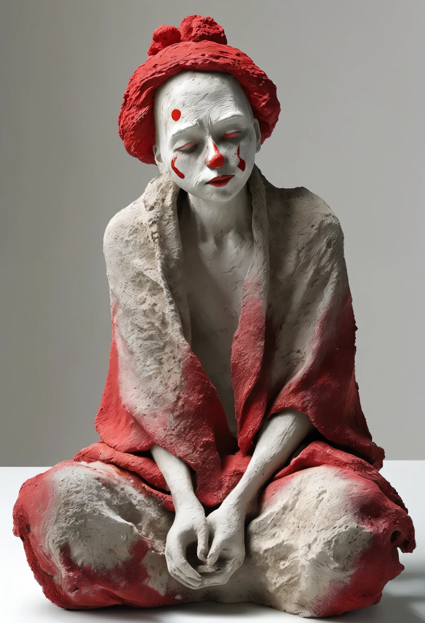 (best quality:1.2),ultra-light clay, clay, pottery, rough knit texture, anguish, dirty, mineral pigments, 3D clay sculpture art, clay sculpture, rough surface, (artwork, clown, red nose, solitary figure, full body, barefoot, shrouded, alone)