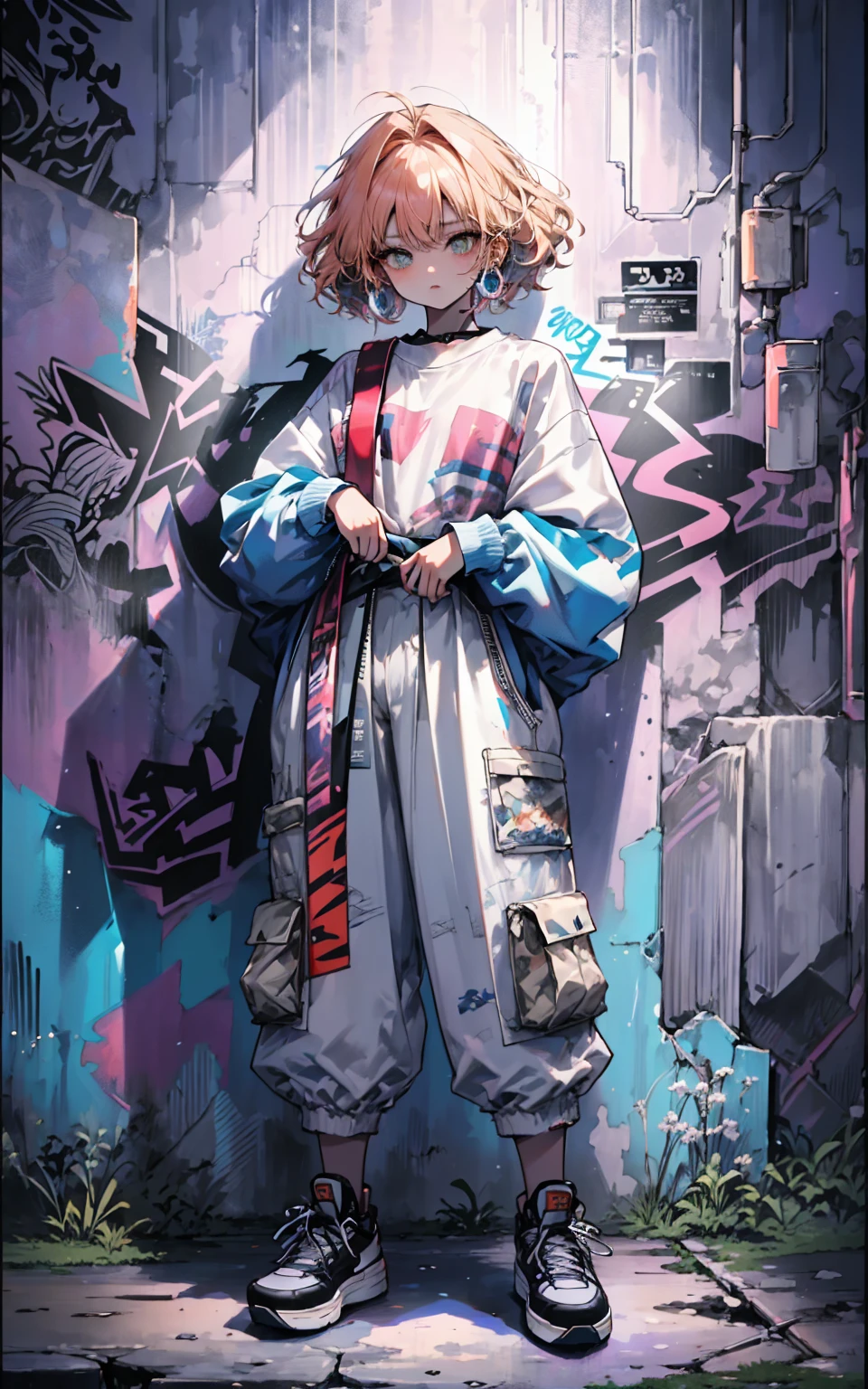 ((long shot, full body: 1.6)), purple: 1.5, orange: 1.1, green: 1.3, White: 1.3, yellow: 1.3, (rapper girl with scary hair, highly detailed eyes and body and beautiful baggy and baggy clothes :1.6), tattoos, (walls with Graffiti: 1.2), flower, Leaves, born in the mist, lines, leaning on the wall with a spray paint in her hand, action pose, 32K.