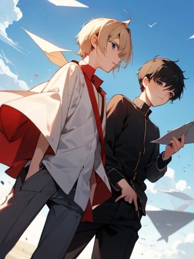 2 people, 2 shots, looking away, boy, , friends, paper planes, stand, serious mood, 2 people, blue sky, perfect composition, trending pixiv fanbox, clear eyes, anime hand drawn illustration, (perfect anatomy), (ingenious angle), beautiful composition,