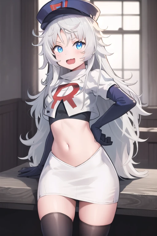 masterpiece, best quality, highres, 1girl, solo, long hair, hat, blue eyes, white hair, messy hair, team rocket,team rocket uniform,white skirt,red letter R,crop top,black thigh-highs,black elbow gloves