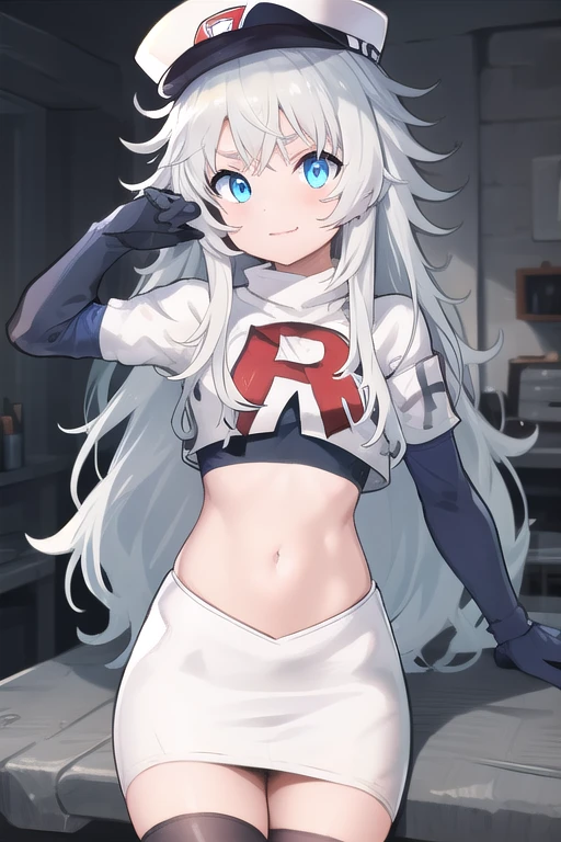 masterpiece, best quality, highres, 1girl, solo, long hair, hat, blue eyes, white hair, messy hair, team rocket,team rocket uniform,white skirt,red letter R,crop top,black thigh-highs,black elbow gloves