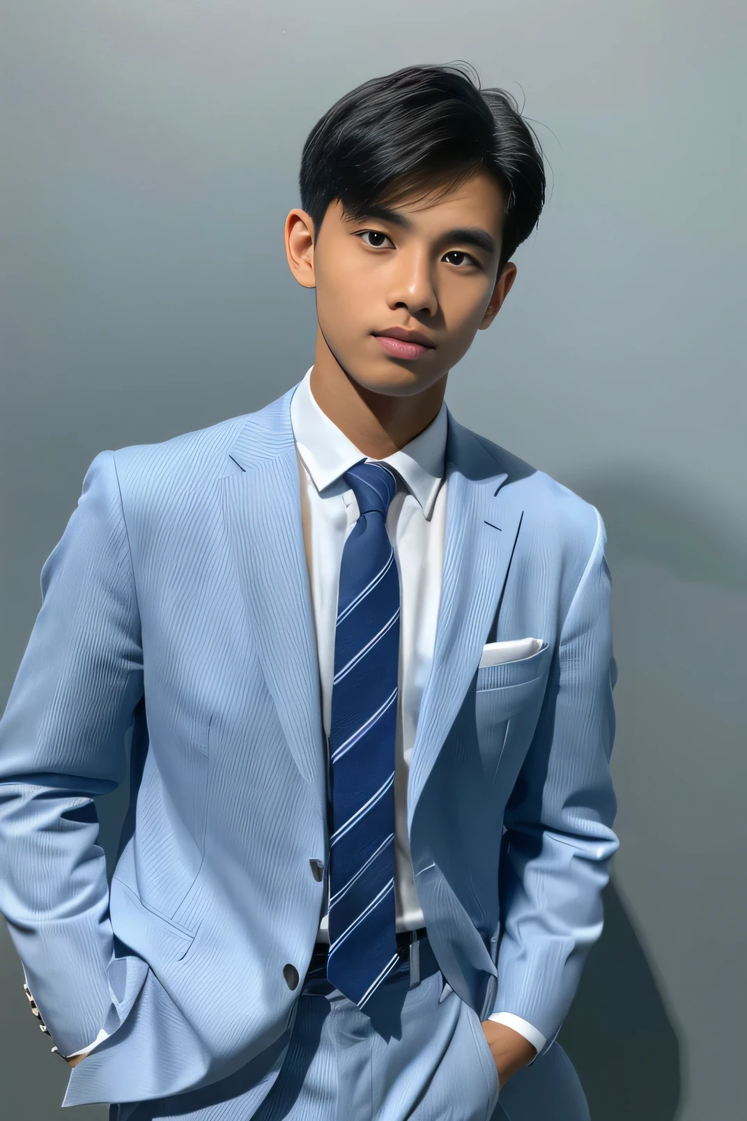 (White shirt、Tie、About 19 years old、indonesian men with a height of 165 cm)、best quality、masterpiece、ultra high resolution、(Photo realism:1.4)、original photo、(Wearing a full light blue striped suit、White shirt、Tie young handsome Indonesian man、Standing in studio photo), shadow、octane rendering、8K、Super sharpt、man&#39;s shining eyes、looking in the direction of the camera)、LED、Ultra high quality、High、gentleman, model hair buzzcut、bright photos、As handsome as a model、As handsome as an idol,Professional profile photo, Professional portrait photos、Realistic portrait photos, Detailed color portrait, Portrait of an idol, High quality portrait.