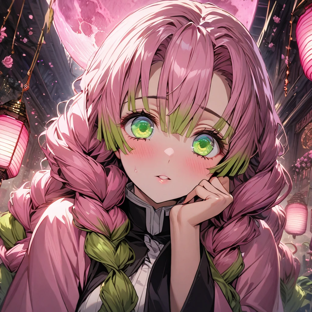 absurdres, highres, ultra detailed, HDR, masterpiece, extremely detailed face and eyes, beautiful eyes, amazing detailed eyes, extremely detailed features, Kanroji Mitsuri, expressive green eyes, pink hair, Kimetsu No Yaiba, solo, girl, beautiful, fantasy world, pink roses, pink curtains, shining pink lanterns, chandelier, sky, pink moon