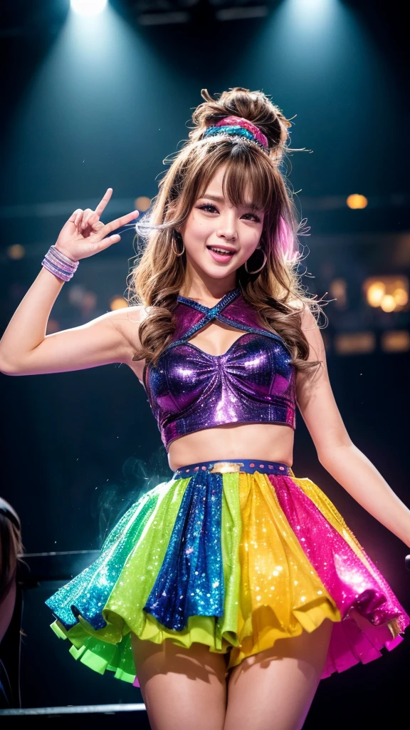 "(best quality,4k,8k,highres,masterpiece:1.2),ultra-detailed,anime,stage performance,sexy outfits,dancing and singing,crowd cheering,spotlights,music notes,energetic and vibrant,glowing stage,megaphone,microphone,sparkling costumes,enthusiastic audience,beautiful detailed eyes and lips,flashing lights,colorful backgrounds,awesome choreography,blasting music,high-energy performance,confident expressions,stage smoke,synchronized movements,heartfelt emotions,dynamic poses,expressive gestures,celebrity-like atmosphere,thousands of fans,waving glow sticks,hot dance moves,lively and captivating,cheering and applause,memorable concert experience,vibrant colors,photo-realistic:1.37,stage effects"