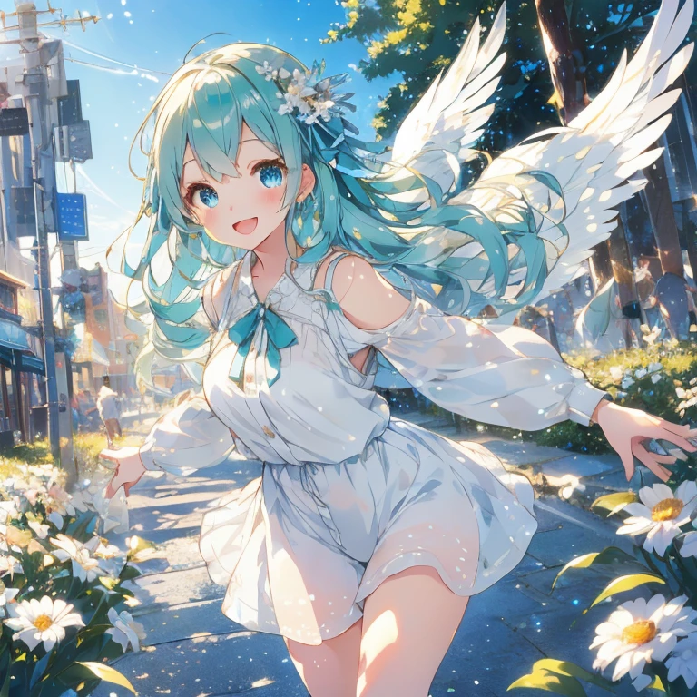 Sparkling cute atmosphere inspired by early summer. Her big sparkling blue eyes and fluffy expression are impressive in this moe anime style super beautiful girl angel. Charming smile with open mouth. Full body. It is set up in a fine delicate cute casual coordinate. It is (((early summer casual coordination))). Delicate, translucent white wings accentuate the fantastic atmosphere. Her long hair is voluminous and wavy. A ribbon matching her outfit adorns her hair, and her body is cute and whimsical. The background is a dreamy world of dancing dust with a faint glow. The sky is fresh and clear, and she takes a delightful stroll through Harbor Park. The shimmering, soft blue-green color complements her fantastic and gentle atmosphere. (( Delicate depiction, highest image quality, highest quality ))