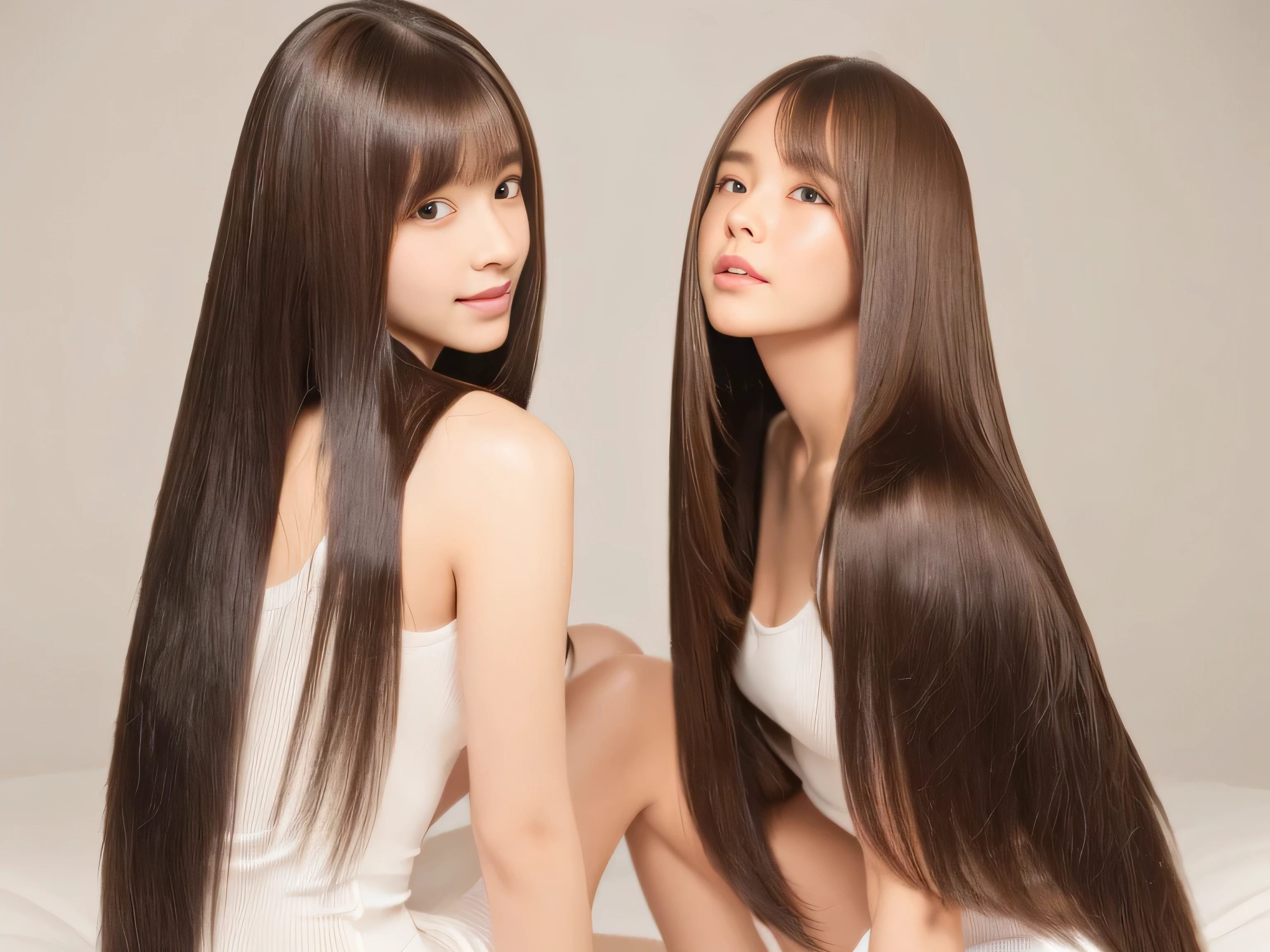 (Photos of twins who look as alike as fingernails) (Knee-length shot of a woman) ((Close-up of two people from the neck up)) ((Beautiful 24 year old hair model with long light brown hair Fell straight down Reaches up to the kneeVery long hair highest quality Highest detail Reaches up to the knee、Very long hair that lasts forever:1.3 Flowing Hair 私ncredibly straight hair Very shiny そして thick hair Abnormally long hair that lasts forever Flowing Hair on both ends long hair up to the knees:1.2 long hair up to the knees:1.2 Thick and shiny hair Very free hair Abnormally long hair!!!!! Beautiful silky hair Beautiful and shiny hair Beautiful and shiny hair Beautiful silky hair Hair that grows to the knees Very very, Very long hair!!!!! Very very, Very long hair!!!!!)) (highest quality The best ultra-fine Reaches up to the knee、Very long hair that lasts forever Flowing Hair Her hair is gently permed Very shiny そして thick hair Abnormally long hair that lasts forever Flowing Hair on both ends long hair up to the knees:1.2 long hair up to the knees:1.2 Thick and shiny hair Very free hair Abnormally long hair!!!!! Beautiful silky hair Super long hair down to the knees Beautiful and shiny hair Beautiful and shiny hair Beautiful silky hair Hair that grows to the knees Very very, Very long hair!!!!! Very very, Very long hair!!!!!)) (Her bangs are perfectly trimmed and straight down.:1.3) ((Her hair color is light brown:1.5)) (Pure white wall background:1.8 Pure White Sofa) (Japan'The sexiest and most beautiful 24 year old model) (She looks at the viewer with a very seductive expression......) ((highest quality)), ((masterpiece)), (Familiar) (Get used to it) Perfect Face (Her skin is a typical Japanese skin color.. And very detailed) (Big Breasts:1.3) (She is wearing a shiny white camisole.) (She has a beautiful face and a typical Japanese figure...., Narrow eyes) (She has perfect 美しい and sexy makeup and face Lipstick is light red A solid eyeliner) ((Rich 1.4)) (Extremely detailed 8K) (Ultra-fine skin texture 1.4) (Actual, Vibrant:1.4), double eyelid Sharp focus:1.2、Beautiful woman:1.4 Dynamic Lighting (Genuine RAW photos taken by professional photographers) Professional Hair Shine. (She has a bright and cheerful face) (Her face is slim and dignified.., length, Narrow eyes..々Nice face)