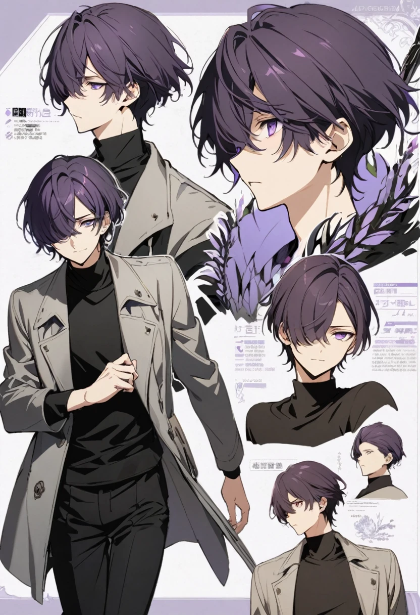 good looking, alone, male, short hair, Hair covering the left eye, Dark lavender hair, Purple eyes, Remains, Black Shirt, Black Pants, black and white coat,Character design sheet,front,three views,tall