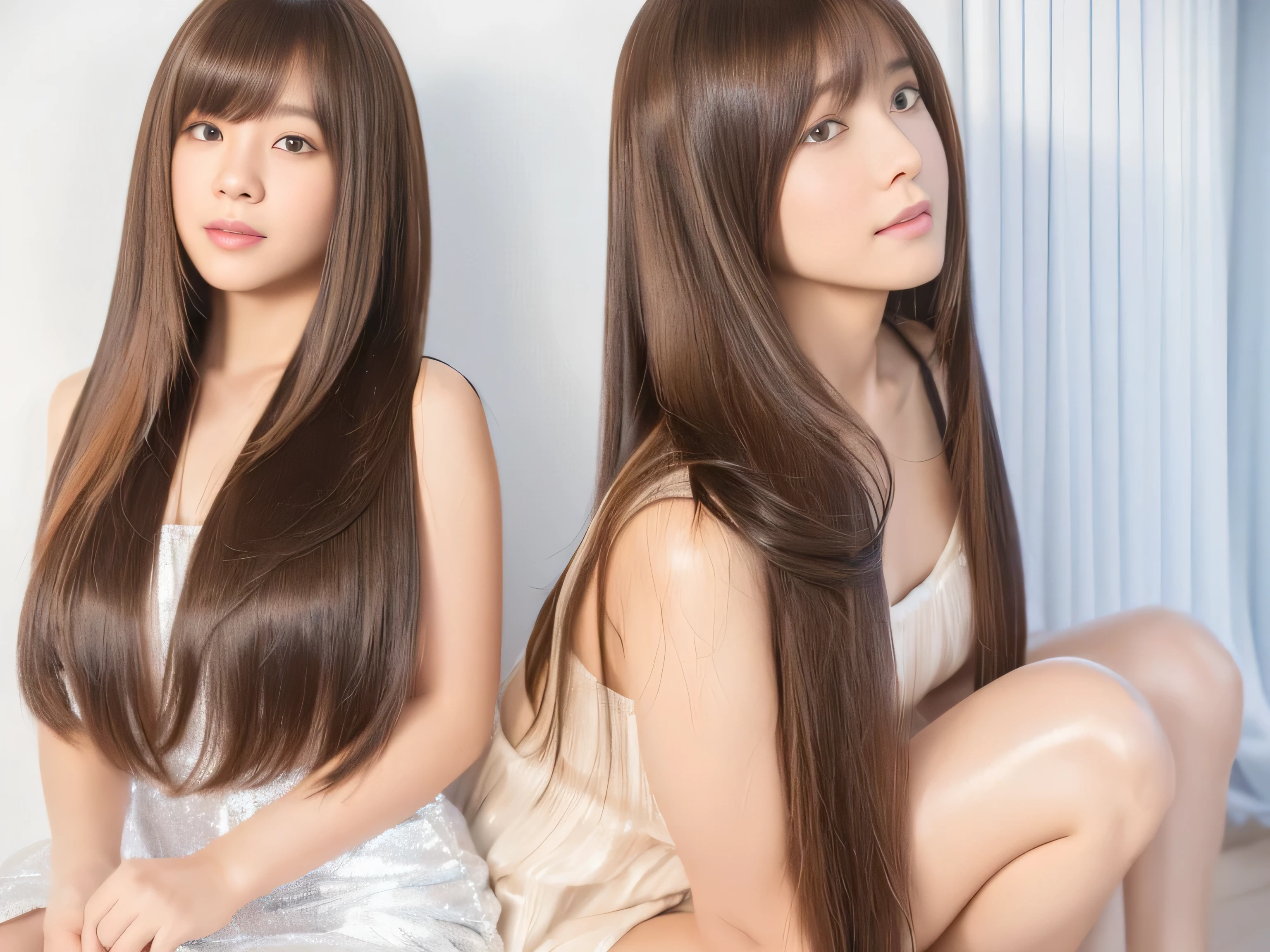 (Photos of twins who look as alike as fingernails) (Knee-length shot of a woman) ((Close-up of two people from the neck up)) ((Beautiful 24 year old hair model with long light brown hair Fell straight down Reaches up to the kneeVery long hair highest quality Highest detail Reaches up to the knee、Very long hair that lasts forever:1.3 Flowing Hair 私ncredibly straight hair Very shiny そして thick hair Abnormally long hair that lasts forever Flowing Hair on both ends long hair up to the knees:1.2 long hair up to the knees:1.2 Thick and shiny hair Very free hair Abnormally long hair!!!!! Beautiful silky hair Beautiful and shiny hair Beautiful and shiny hair Beautiful silky hair Hair that grows to the knees Very very, Very long hair!!!!! Very very, Very long hair!!!!!)) (highest quality The best ultra-fine Reaches up to the knee、Very long hair that lasts forever Flowing Hair Her hair is gently permed Very shiny そして thick hair Abnormally long hair that lasts forever Flowing Hair on both ends long hair up to the knees:1.2 long hair up to the knees:1.2 Thick and shiny hair Very free hair Abnormally long hair!!!!! Beautiful silky hair Super long hair down to the knees Beautiful and shiny hair Beautiful and shiny hair Beautiful silky hair Hair that grows to the knees Very very, Very long hair!!!!! Very very, Very long hair!!!!!)) (Her bangs are perfectly trimmed and straight down.:1.3) ((Her hair color is light brown:1.5)) (Pure white wall background:1.8 Pure White Sofa) (Japan'The sexiest and most beautiful 24 year old model) (She looks at the viewer with a very seductive expression......) ((highest quality)), ((masterpiece)), (Familiar) (Get used to it) Perfect Face (Her skin is a typical Japanese skin color.. And very detailed) (Big Breasts:1.3) (She is wearing a shiny white camisole.) (She has a beautiful face and a typical Japanese figure...., Narrow eyes) (She has perfect 美しい and sexy makeup and face Lipstick is light red A solid eyeliner) ((Rich 1.4)) (Extremely detailed 8K) (Ultra-fine skin texture 1.4) (Actual, Vibrant:1.4), double eyelid Sharp focus:1.2、Beautiful woman:1.4 Dynamic Lighting (Genuine RAW photos taken by professional photographers) Professional Hair Shine. (She has a bright and cheerful face) (Her face is slim and dignified.., length, Narrow eyes..々Nice face)