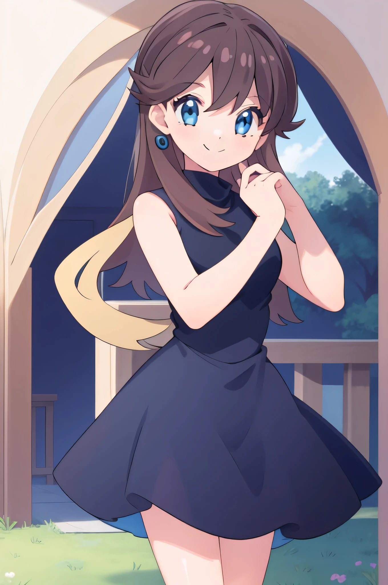 (masterpiece, best quality), intricate details, 1girl, green \(pokemon\), blue eyes, sleeveless black dress, smile