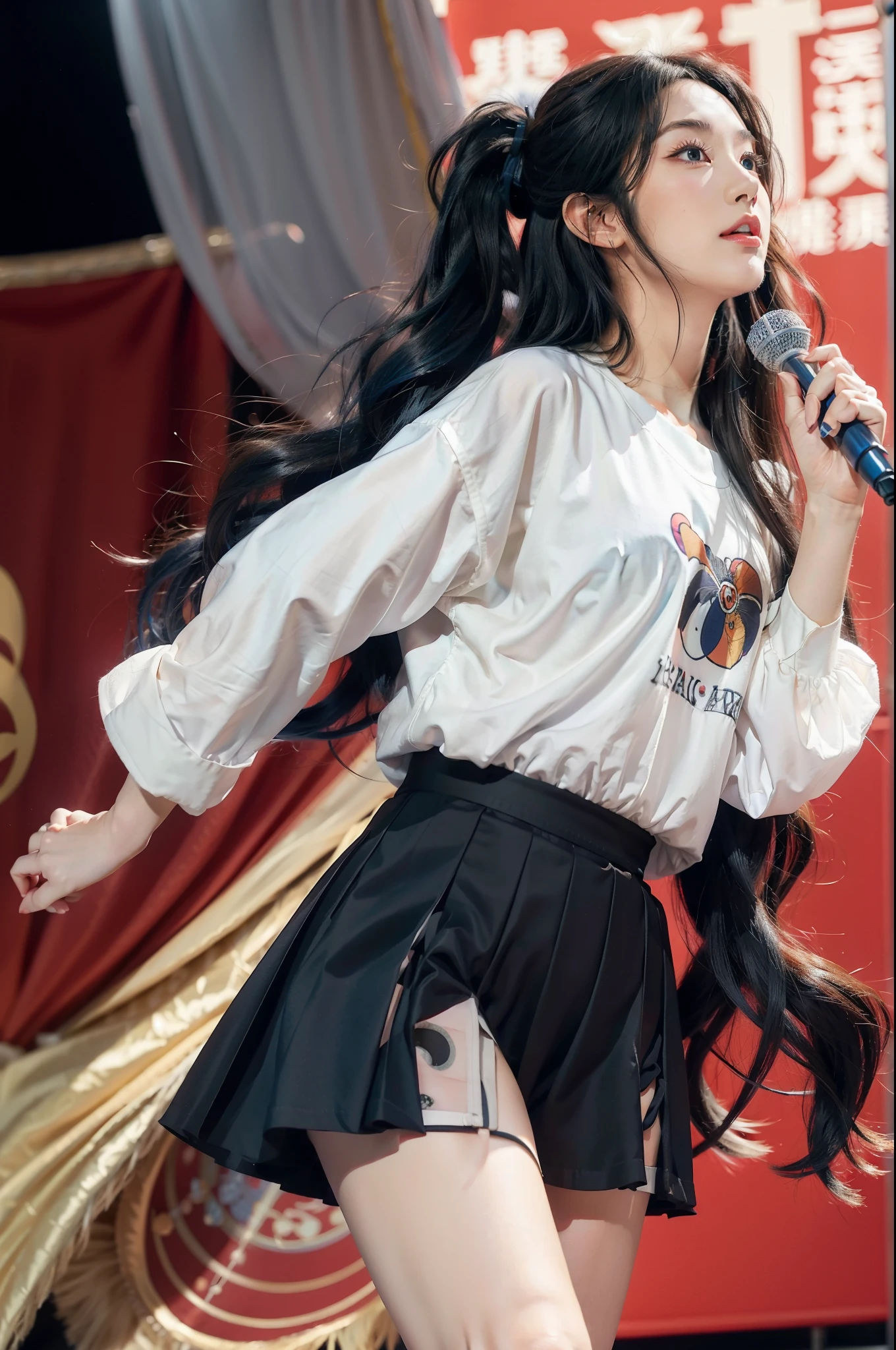 masterpiece, best quality, kisaragi chihaya, solo, 1girl,Idol,on the Stage, ((musical notation)) vector background:0.2], anime, idolmaster, singing, long blue hair, brown eyes, idol,  knee length skirt,white shirt