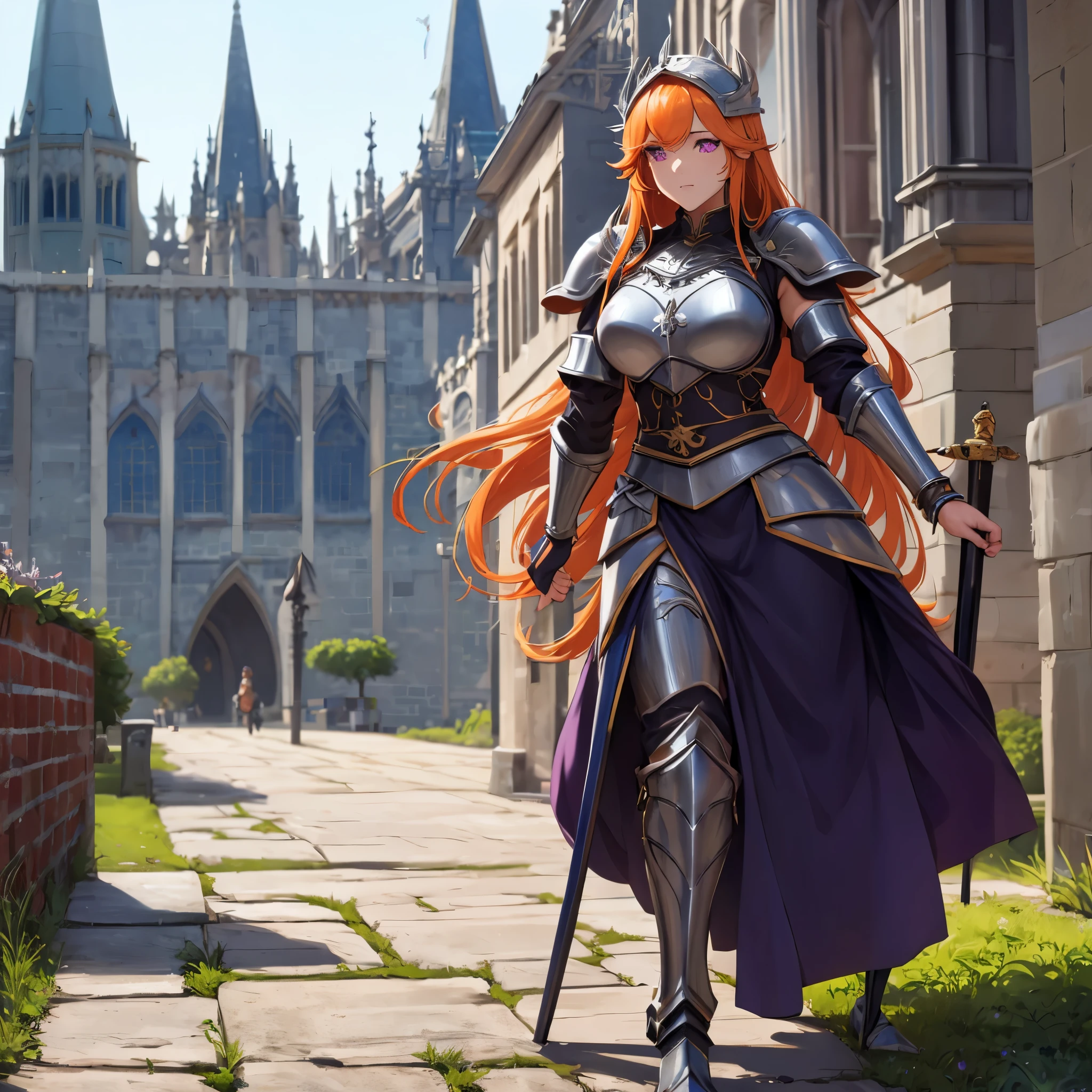 A woman wearing medieval steel armor, shining armor, bracelet, medieval steel helmet, metal boots, holding a medieval sword, long orange hair, purple eyes, walking on a medieval road, background baroque cathedral, daytime location, body whole.,( solo woman), glow, drop shadow, flower, UHD, masterpiece, accurate, anatomically correct, textured skin, super detail, high quality, best quality, 8k, high resolution.
