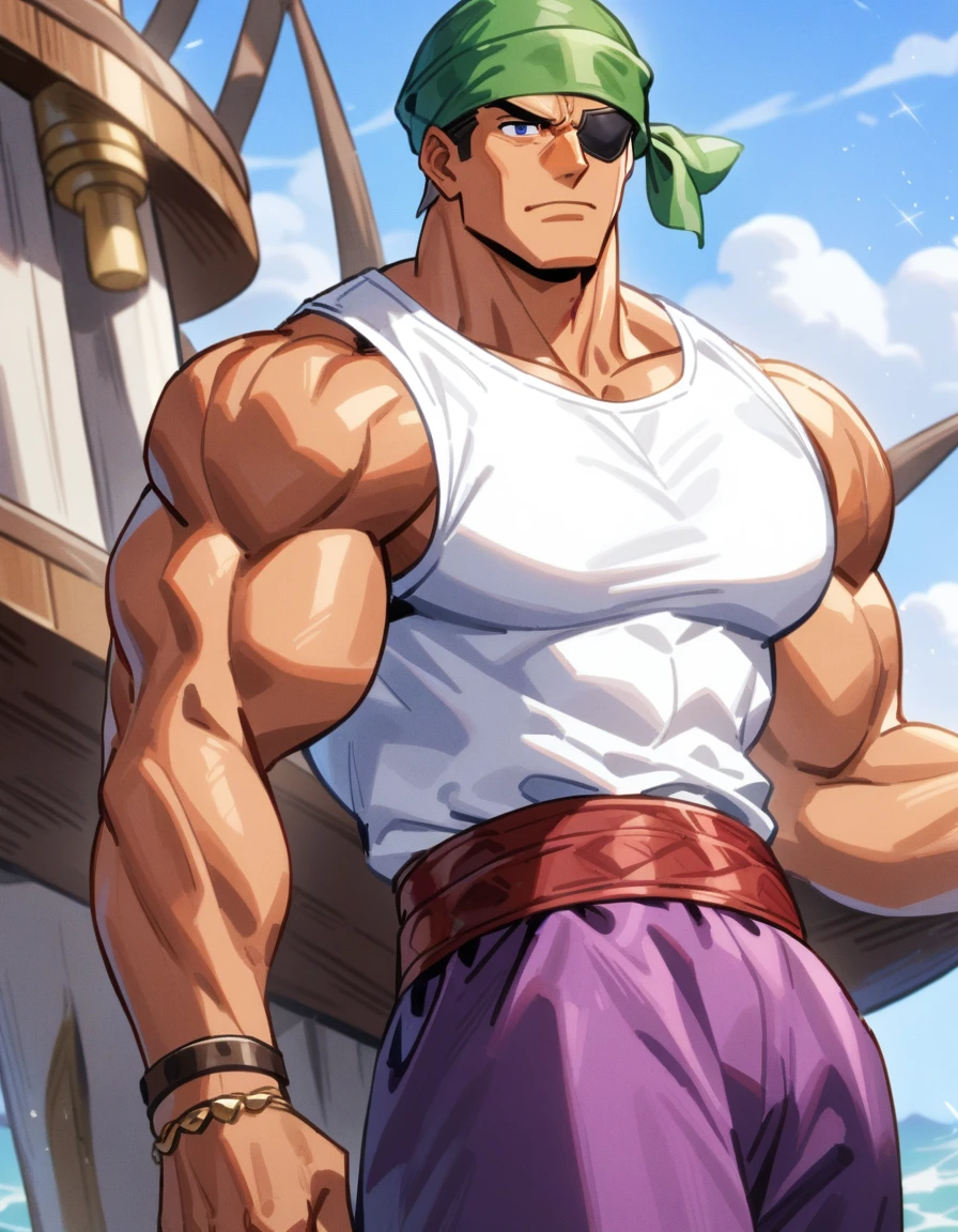 1man, muscular mature, pirate, green head scarf, gray hair, blue 1eye, black eyepatch, short hair, ordinary, tanned skin, asymmetrical bangs, solo, red waist cloth, purple arabian pants, white sleeveless shirt, loose fitting shirt, tented shirt, on mediaeval ship, 1990s, VHS quality, masterpiece, best quality