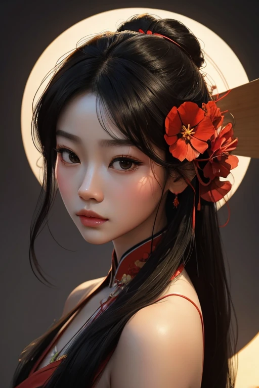 a close up of a woman with a red flower in her hair, inspired by Yanjun Cheng, realistic. cheng yi, by Ye Xin, by Mei Qing, yanjun chengt, by Ni Tian, artwork in the style of guweiz, by Leng Mei, inspired by Wen Jia, inspired by Jin Nong, by Dai Xi, (Masterpiece:1.3), (best quality:1.3),