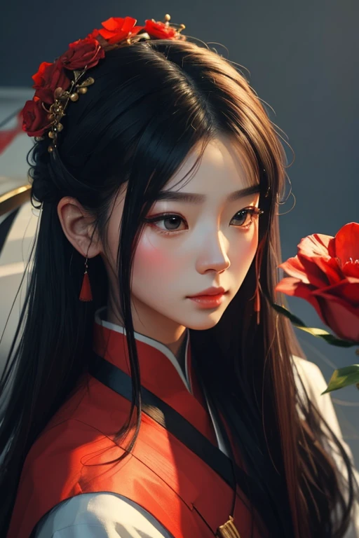 a close up of a woman with a red flower in her hair, inspired by Yanjun Cheng, realistic. cheng yi, by Ye Xin, by Mei Qing, yanjun chengt, by Ni Tian, artwork in the style of guweiz, by Leng Mei, inspired by Wen Jia, inspired by Jin Nong, by Dai Xi, (Masterpiece:1.3), (best quality:1.3),