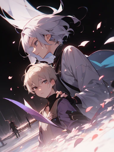 2 people, 2 shots, looking away, boy, 14 years old, friends, petals, stand, serious mood, 2 people, midnight, perfect composition, trending pixiv fanbox, clear eyes, anime hand drawn illustration, (perfect anatomy), (ingenious angle), beautiful composition,