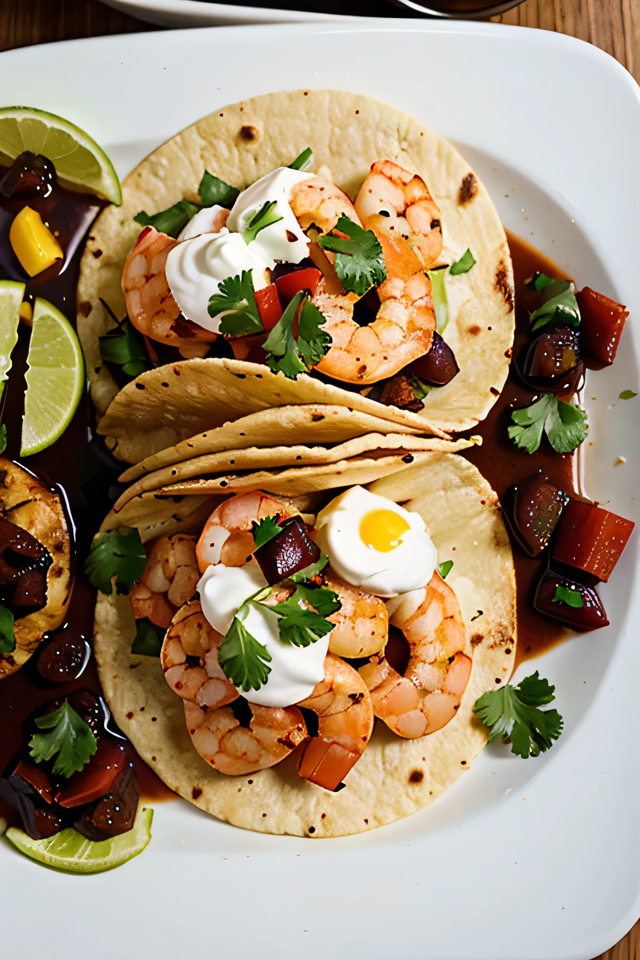 delicious shrimp tacos with peppers, cebolla morada, perejil