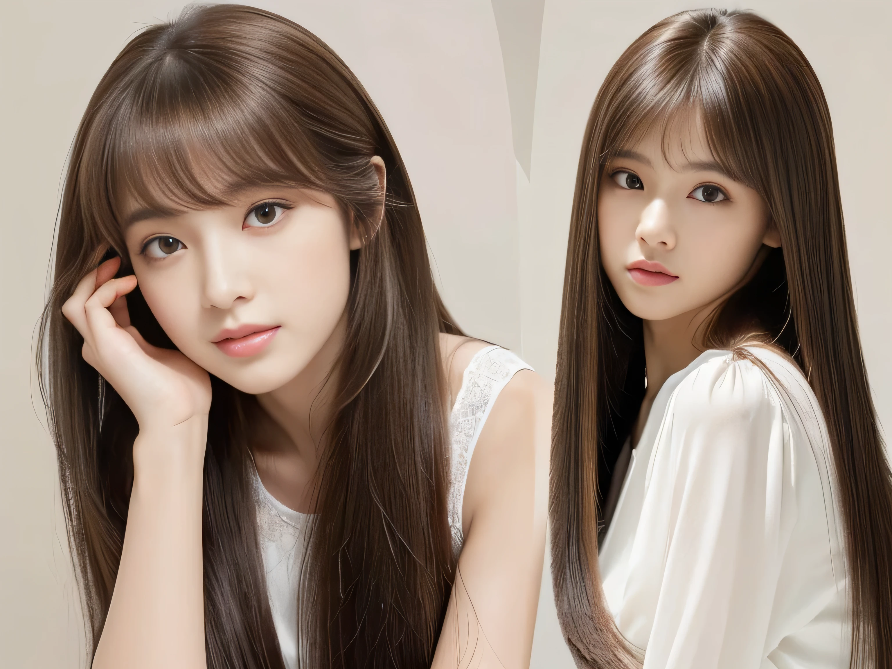 (Photos of twins who look as alike as fingernails)　(Knee-length shot of a woman)　((Close-up of two people from the neck up))　((Beautiful 24 year old hair model with long light brown hair　Fell straight down　Reaches up to the kneeVery long hair　highest quality　Highest detail　Reaches up to the knee、Very long hair that lasts forever:1.3　Flowing Hair　私ncredibly straight hair　Very shiny そして thick hair　Abnormally long hair that lasts forever　Flowing Hair on both ends　long hair up to the knees:1.2　long hair up to the knees:1.2　Thick and shiny hair　Very free hair　Abnormally long hair!!!!!　Beautiful silky hair　　Beautiful and shiny hair　Beautiful and shiny hair　Beautiful silky hair　Hair that grows to the knees　Very very, Very long hair!!!!!　Very very, Very long hair!!!!!))　(highest quality　The best ultra-fine　Reaches up to the knee、Very long hair that lasts forever　Flowing Hair　Her hair is gently permed　Very shiny そして thick hair　Abnormally long hair that lasts forever　Flowing Hair on both ends　long hair up to the knees:1.2　long hair up to the knees:1.2　Thick and shiny hair　Very free hair　Abnormally long hair!!!!!　Beautiful silky hair　Super long hair down to the knees　Beautiful and shiny hair　Beautiful and shiny hair　Beautiful silky hair　Hair that grows to the knees　Very very, Very long hair!!!!!　Very very, Very long hair!!!!!))　(Her bangs are perfectly trimmed and straight down.:1.3)　((Her hair color is light brown:1.5))　(Pure white wall background:1.8 Pure White Sofa)　(Japan&#39;The sexiest and most beautiful 24 year old model)　(She looks at the viewer with a very seductive expression......)　((highest quality)), ((masterpiece)), (Familiar)　(Get used to it)　Perfect Face　(Her skin is a typical Japanese skin color..　And very detailed)　　(Big Breasts:1.3)　(She is wearing a shiny white camisole.)　(She has a beautiful face and a typical Japanese figure...., Narrow eyes)　(She has perfect 美しい and sexy makeup and face　Lipstick is light red　A solid eyeliner)　((Rich 1.4))　(Extremely detailed 8K)　(Ultra-fine skin texture 1.4)　(Actual, Vibrant:1.4), double eyelid　Sharp focus:1.2、Beautiful woman:1.4　Dynamic Lighting　(Genuine RAW photos taken by professional photographers)　　Professional Hair Shine.　(She has a bright and cheerful face)　(Her face is slim and dignified.., length, Narrow eyes..々Nice face)

