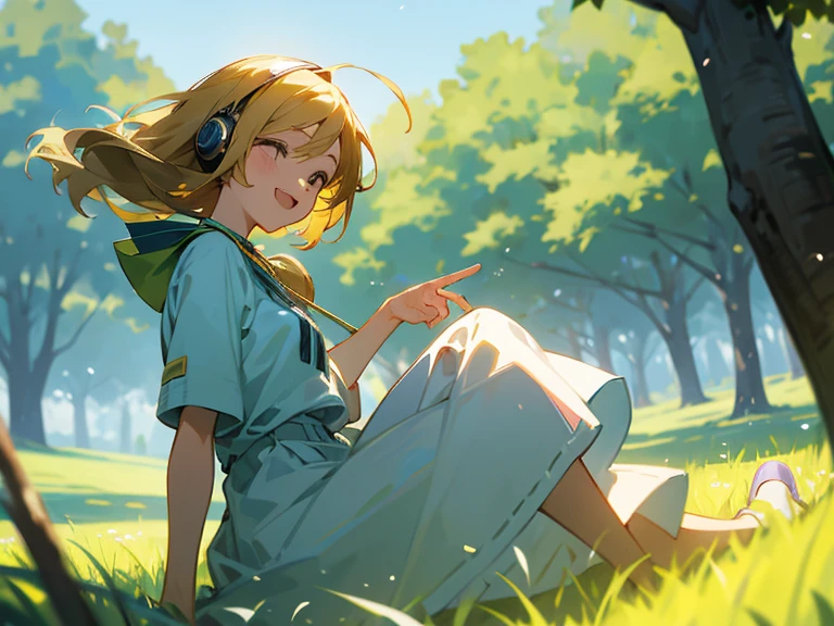 Beautiful and happy girl in 2D, listening to music in a grass and trees and the background that is blurred and that it is daytime with sun and relaxed atmosphere