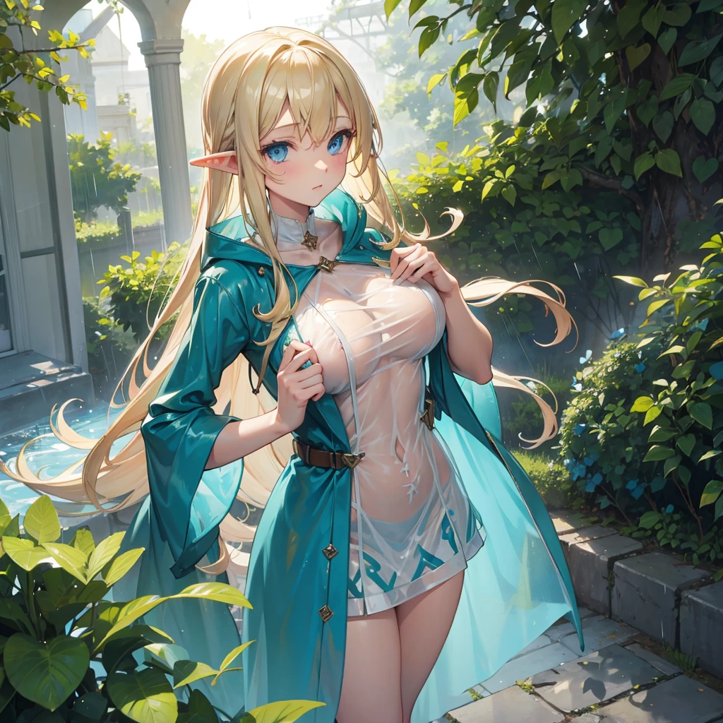 Blonde hair and blue eyes Long Hair A see-through light green raincoat Elf Big Breasts naked mini skirt