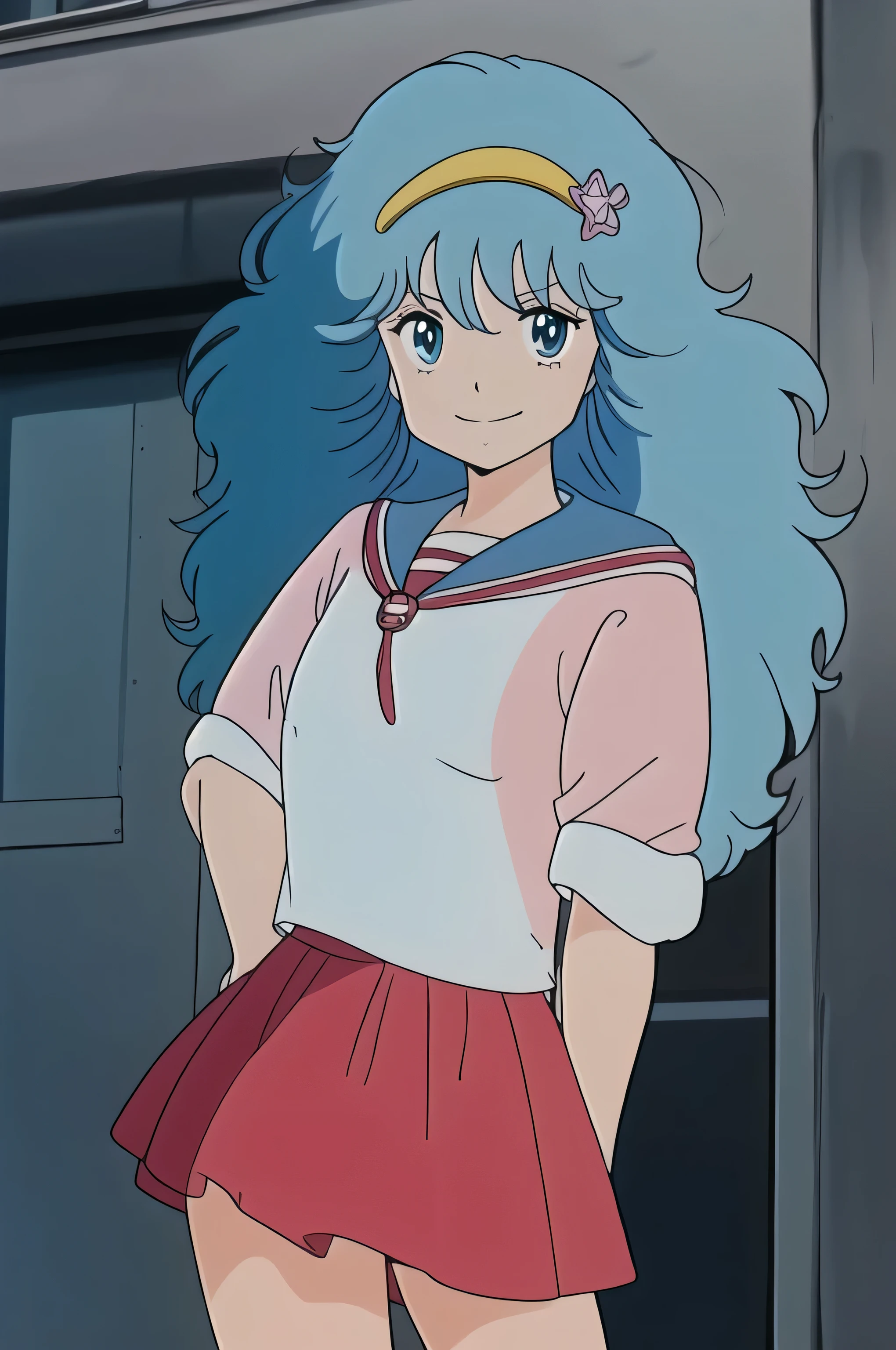 (masterpiece, top quality, very detailed, 16k anime high definition, anime style, clean brush strokes, very detailed, anatomically perfect body), ((hayami)), solo, perfect face, innocent beautiful smile, beautifully detailed eyes, slightly droopy, blue eyes, (blue hair, long hair, wavy), (medium chest: 1.1), (sailor suit, pink), (red skirt) ), Wide hips: 1.2, Big butt: 1.2, Beautiful legs, (Standing, in front), Looking at the viewer, (City background), Photo taken above the knee,