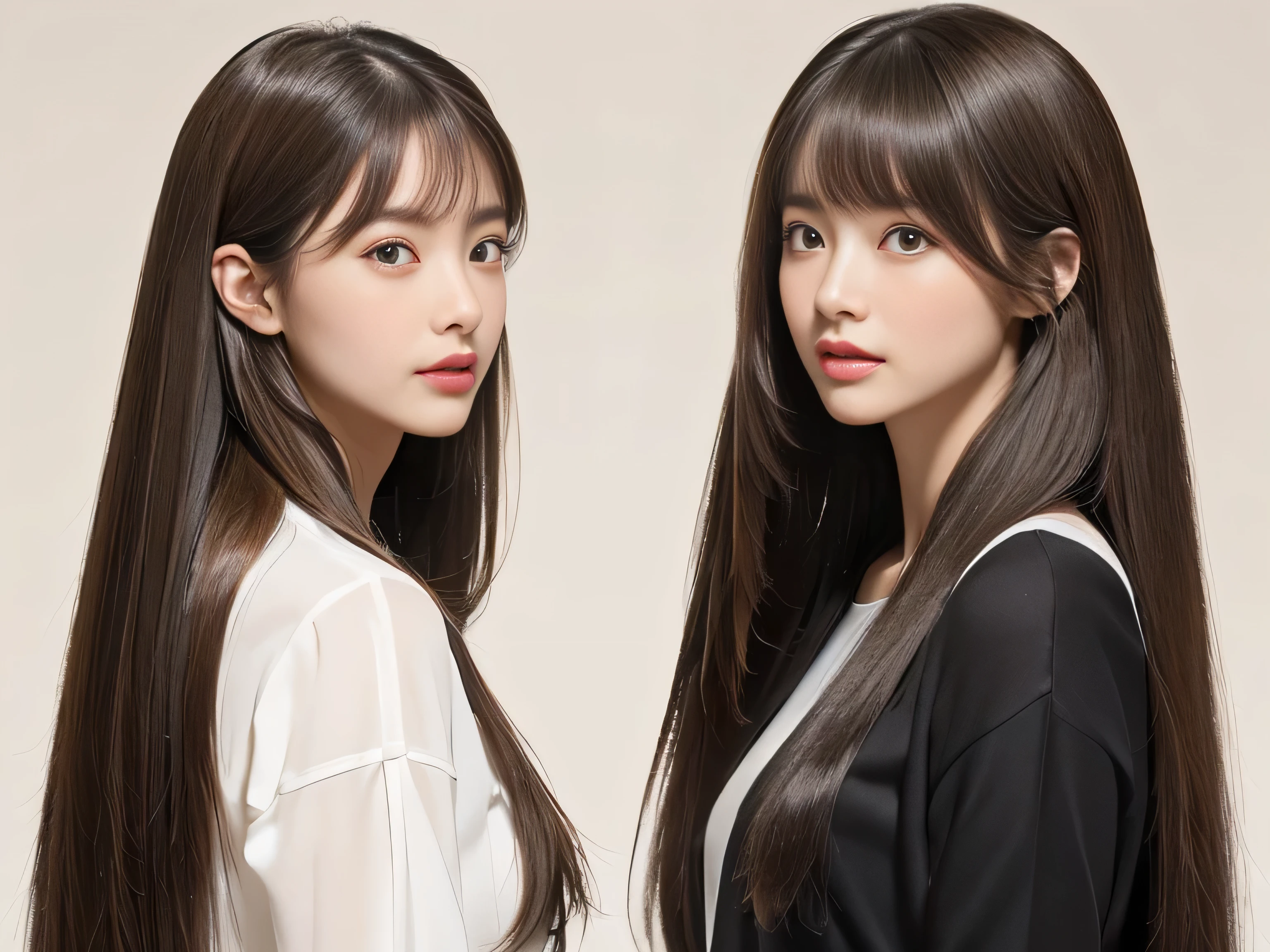 (Photos of twins who look as alike as fingernails)　(Knee-length shot of a woman)　((Close-up of two people from the neck up))　((Beautiful 24 year old hair model with long light brown hair　Fell straight down　Reaches up to the kneeVery long hair　highest quality　Highest detail　Reaches up to the knee、Very long hair that lasts forever:1.3　Flowing Hair　私ncredibly straight hair　Very shiny そして thick hair　Abnormally long hair that lasts forever　Flowing Hair on both ends　long hair up to the knees:1.2　long hair up to the knees:1.2　Thick and shiny hair　Very free hair　Abnormally long hair!!!!!　Beautiful silky hair　　Beautiful and shiny hair　Beautiful and shiny hair　Beautiful silky hair　Hair that grows to the knees　Very very, Very long hair!!!!!　Very very, Very long hair!!!!!))　(highest quality　The best ultra-fine　Reaches up to the knee、Very long hair that lasts forever　Flowing Hair　Her hair is gently permed　Very shiny そして thick hair　Abnormally long hair that lasts forever　Flowing Hair on both ends　long hair up to the knees:1.2　long hair up to the knees:1.2　Thick and shiny hair　Very free hair　Abnormally long hair!!!!!　Beautiful silky hair　Super long hair down to the knees　Beautiful and shiny hair　Beautiful and shiny hair　Beautiful silky hair　Hair that grows to the knees　Very very, Very long hair!!!!!　Very very, Very long hair!!!!!))　(Her bangs are perfectly trimmed and straight down.:1.3)　((Her hair color is light brown:1.5))　(Pure white wall background:1.8 Pure White Sofa)　(Japan&#39;The sexiest and most beautiful 24 year old model)　(She looks at the viewer with a very seductive expression......)　((highest quality)), ((masterpiece)), (Familiar)　(Get used to it)　Perfect Face　(Her skin is a typical Japanese skin color..　And very detailed)　　(Big Breasts:1.3)　(She is wearing a shiny white camisole.)　(She has a beautiful face and a typical Japanese figure...., Narrow eyes)　(She has perfect 美しい and sexy makeup and face　Lipstick is light red　A solid eyeliner)　((Rich 1.4))　(Extremely detailed 8K)　(Ultra-fine skin texture 1.4)　(Actual, Vibrant:1.4), double eyelid　Sharp focus:1.2、Beautiful woman:1.4　Dynamic Lighting　(Genuine RAW photos taken by professional photographers)　　Professional Hair Shine.　(She has a bright and cheerful face)　(Her face is slim and dignified.., length, Narrow eyes..々Nice face)