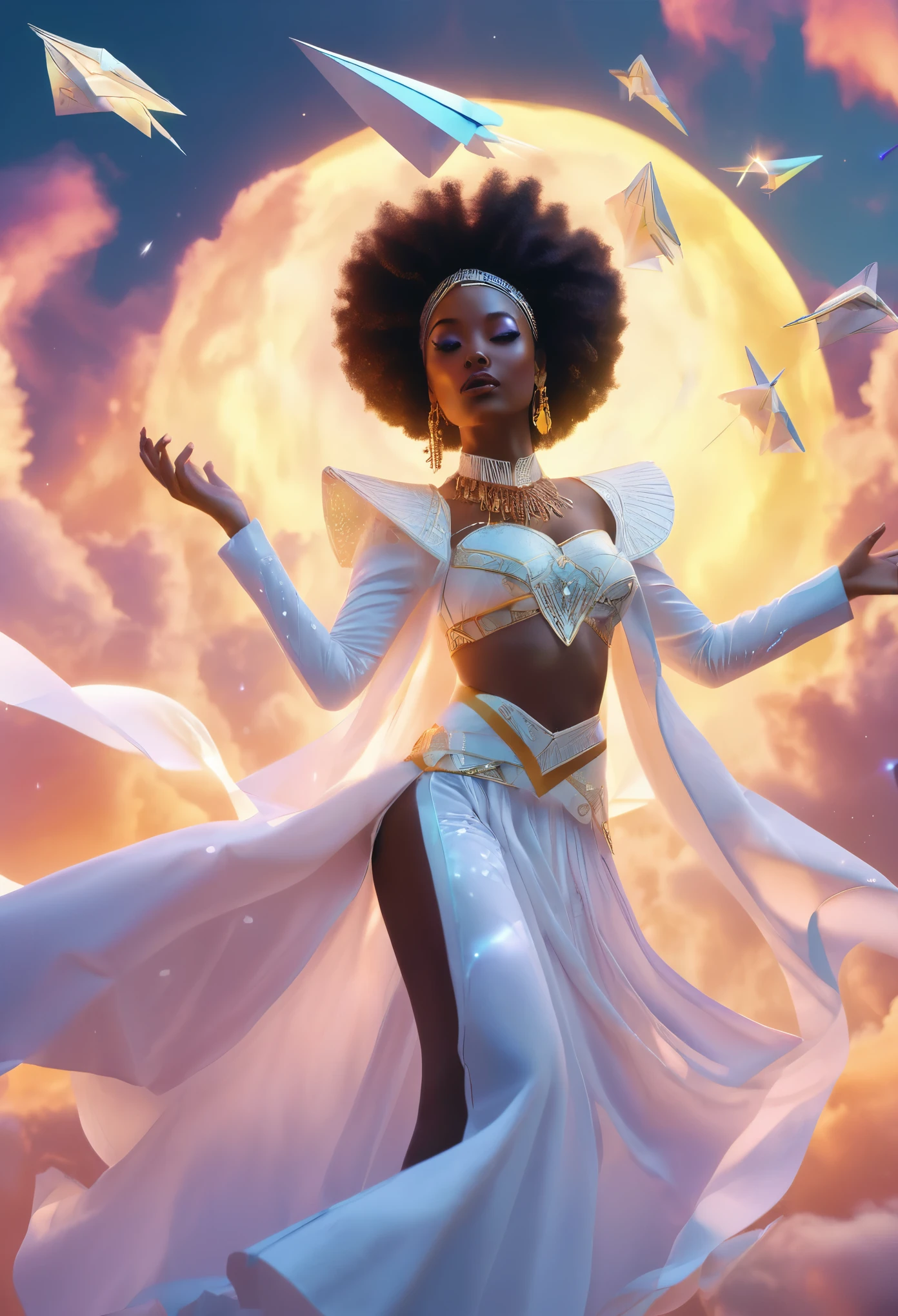 A black woman floating in the sky, surrounded by a beautiful aurora borealis in the sky, she's dressed in white African designed clothes, paper planes flying around her, 32k, ultra HD, sunlight piercing through the clouds providing a beautiful cinematic scene.