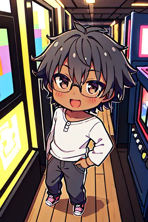 (A boy),((young black man)),((short gray hair)),black hair、brown eyes, wearing glasses, messy hair, happy expression, arcade room background